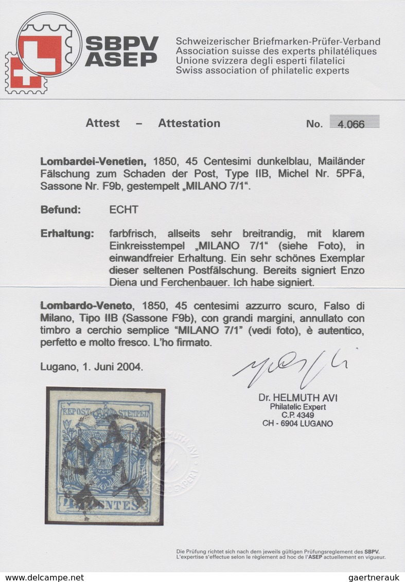 O Österreich - Lombardei Und Venetien: 1850, 45 C. Dunkelblau (Azzurro Scuro), "Mailänder Postfälschun - Lombardo-Venetien