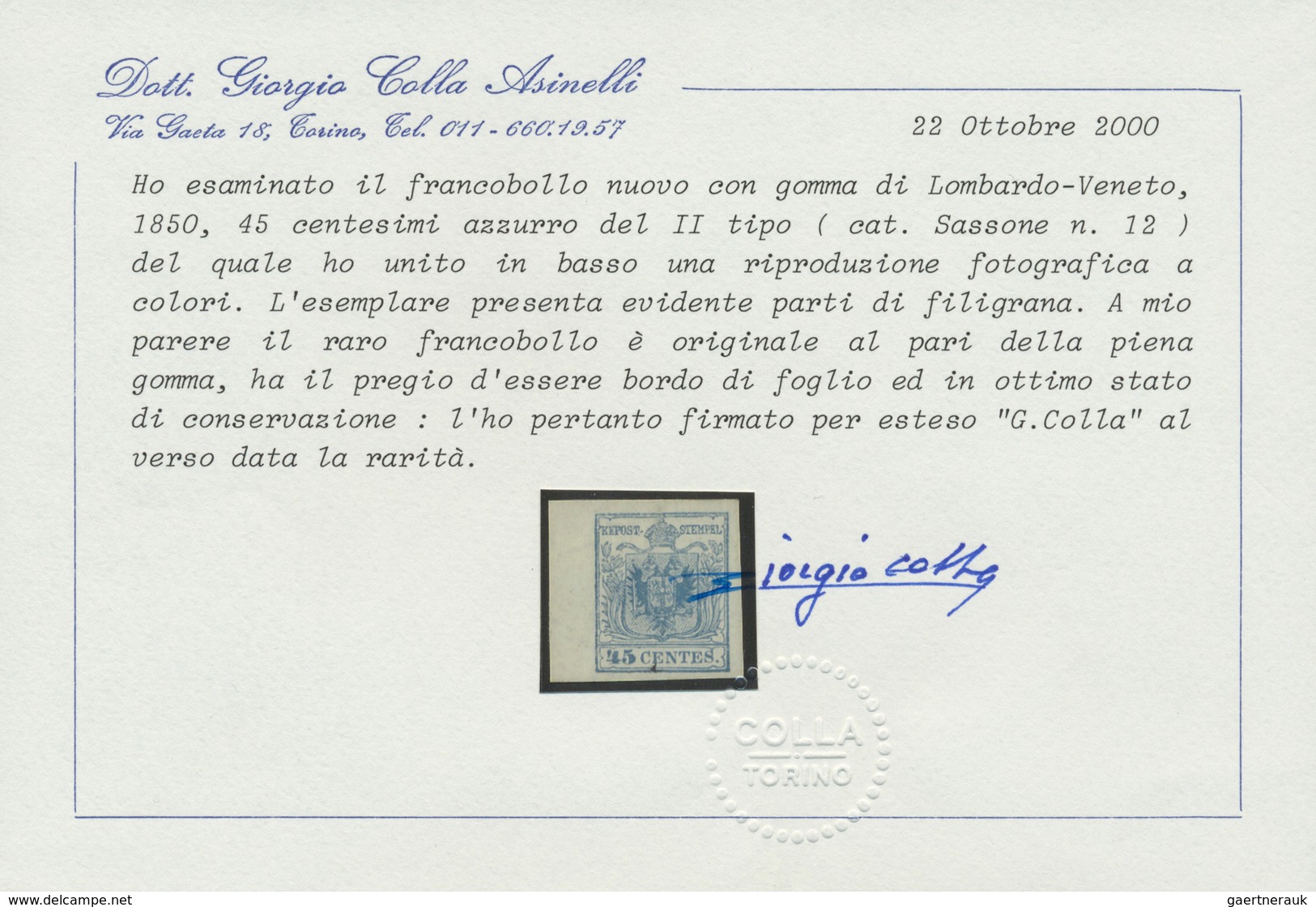 * Österreich - Lombardei Und Venetien: 1850, 45 Centesimi Dunkelblau, Handpapier Type III Ungebraucht, - Lombardije-Venetië