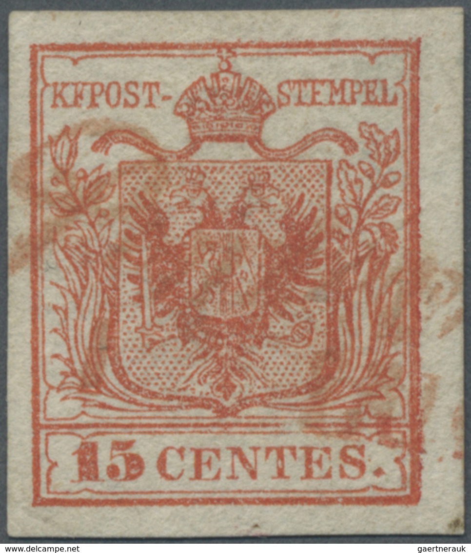 O Österreich - Lombardei Und Venetien - Stempel: 1850 15 Centes. Rot, Allseits Breitrandig, Type 1, Er - Lombardije-Venetië