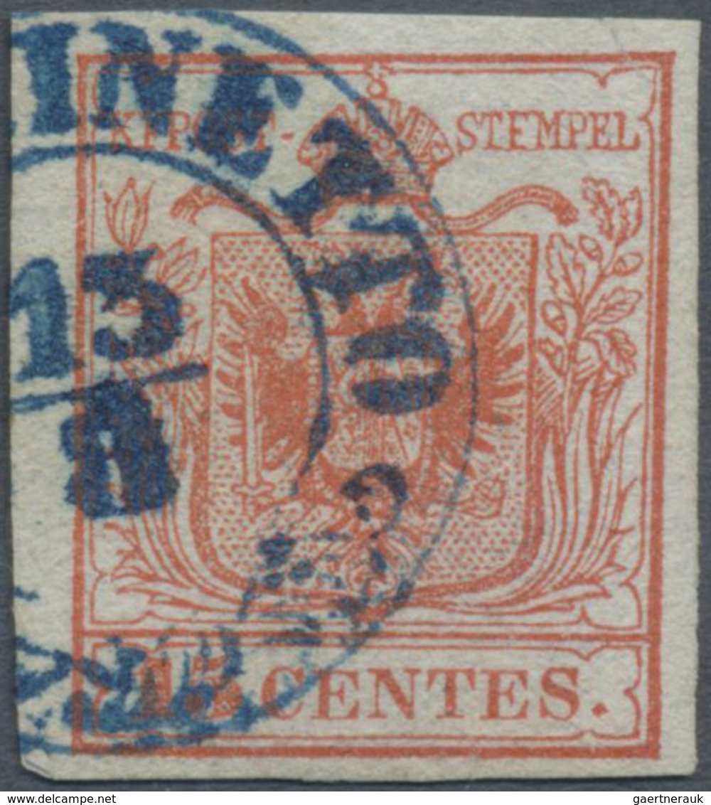 O Österreich - Lombardei Und Venetien - Stempel: 1850: 15 Centes. Rot, Type 1, Handpapier, Allseits Br - Lombardije-Venetië