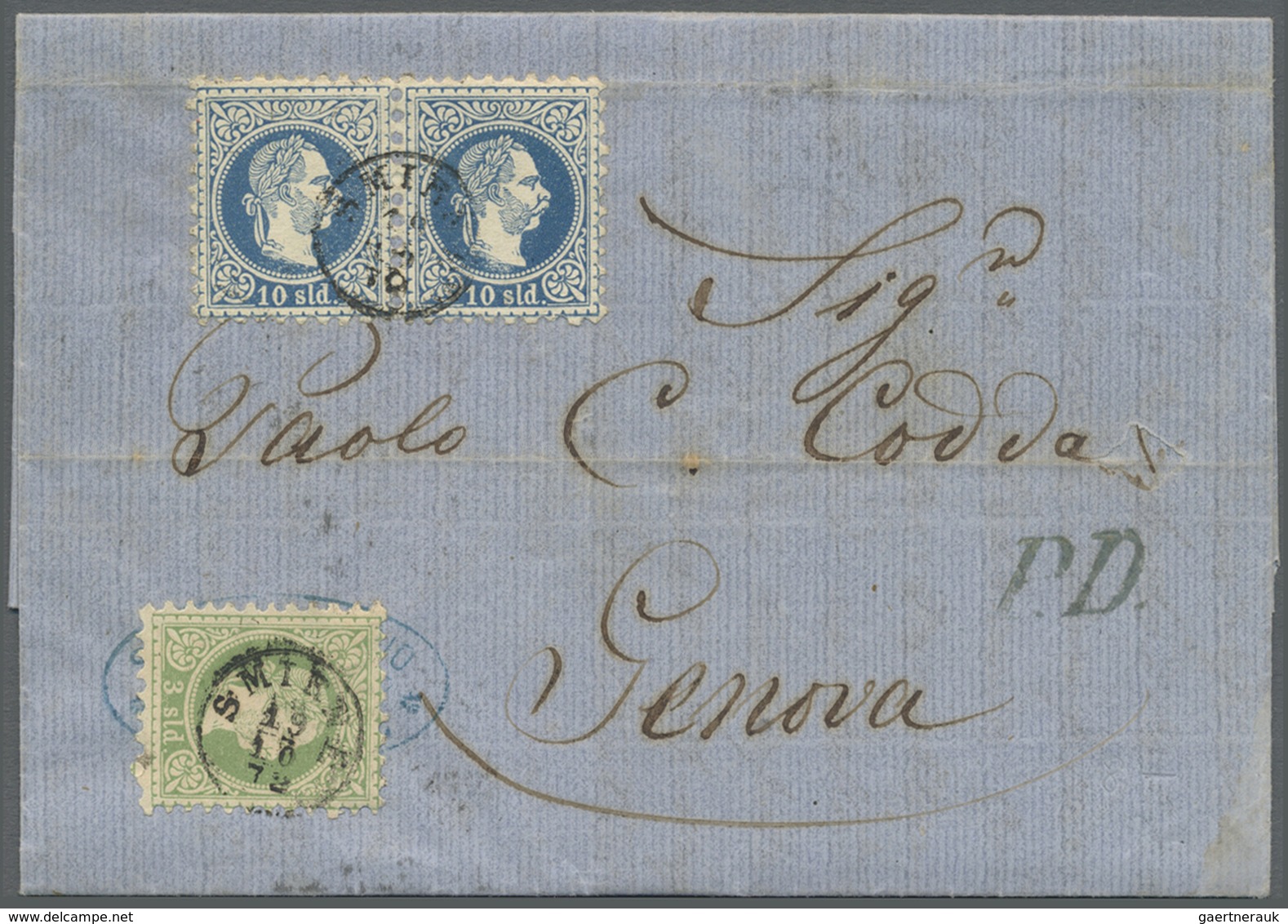 Br Österreichische Post In Der Levante: 1872, 3 Sld. Grün Und 10 Sld. Blau Im Waager. Paar Auf Kpl. PD- - Levant Autrichien