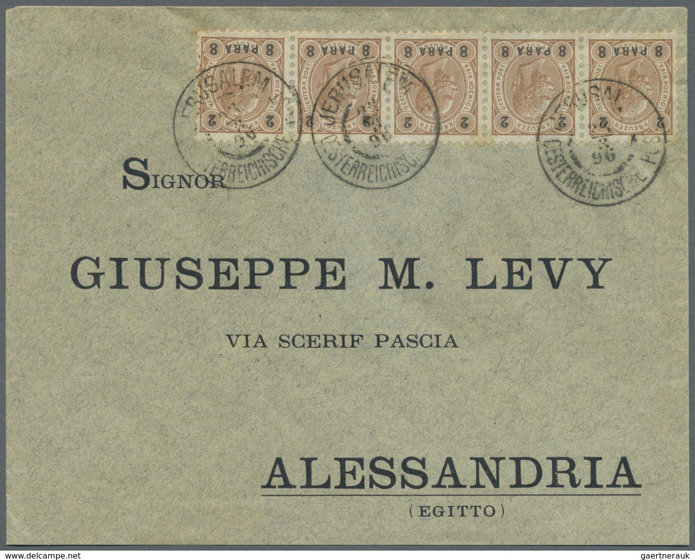 Br Österreichische Post In Der Levante: 1896, 8 Pa. Auf 2 Kr Braunocker Im 5er-Streifen Auf Brief Von J - Levant Autrichien
