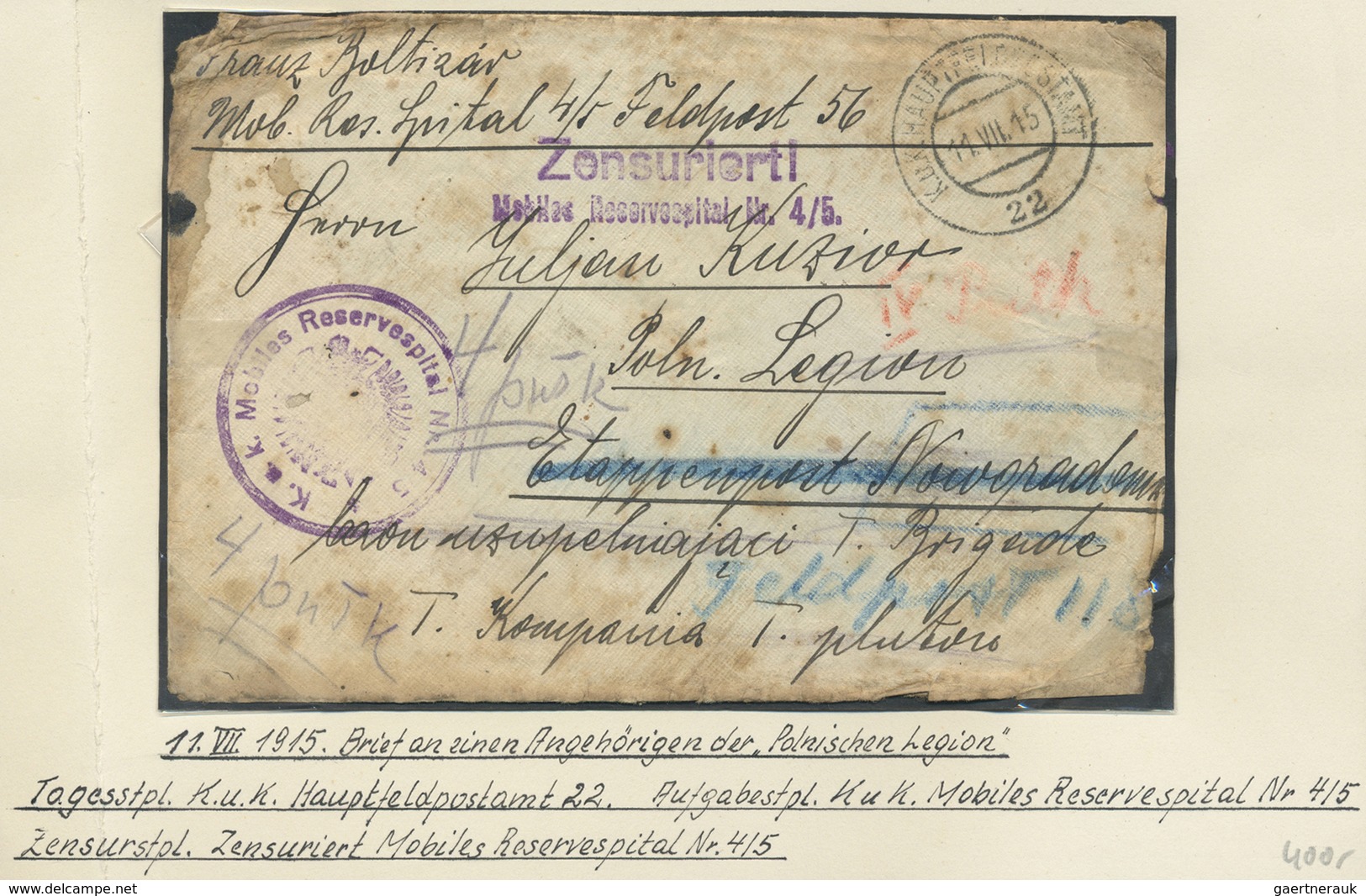 Österreich - Militärpost / Feldpost: 1915 (11.7.), Feldpost-Brief (deutliche Alters- Und Beförderung - Autres & Non Classés