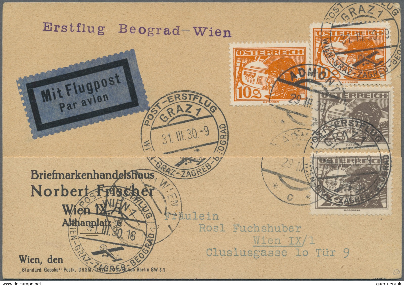 Br/ Österreich - Flugpost: 1933, Erstflug WIEN-BELGRAD, 3 Erstflugbelege Von Drei Verschiedenen Teilstre - Autres & Non Classés
