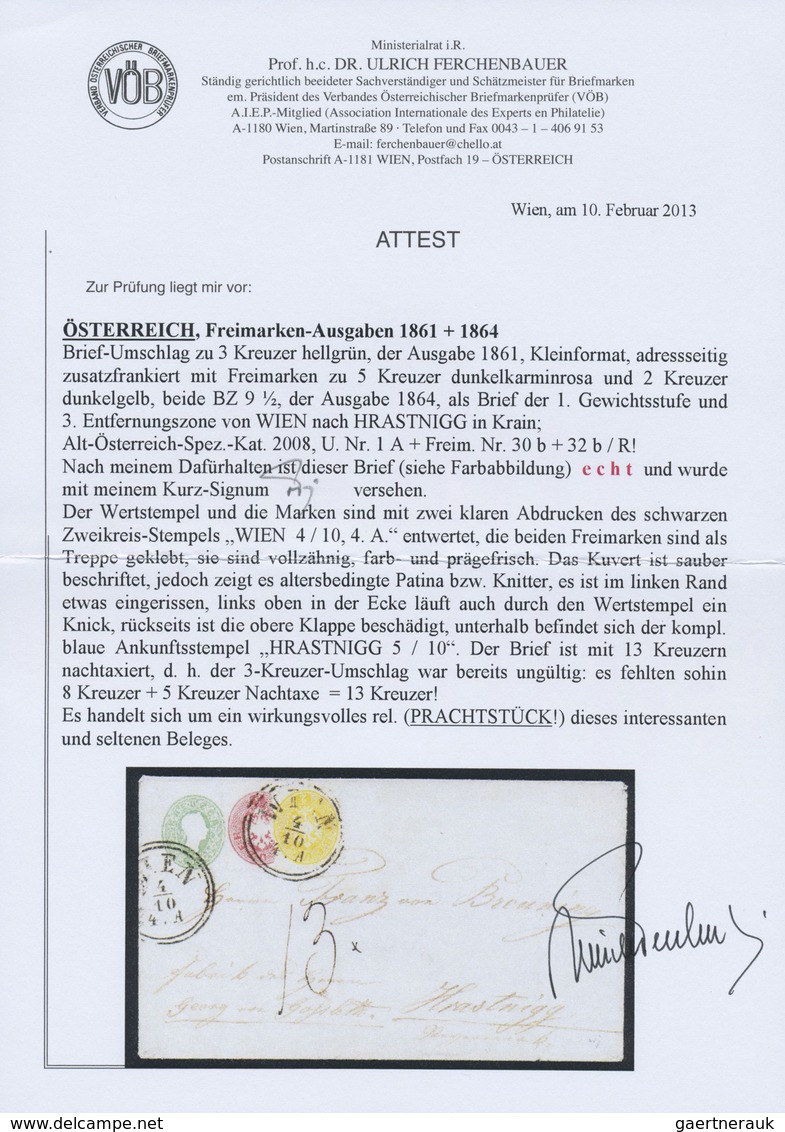 GA Österreich - Ganzsachen: 1861, 3 Kr. Ganzsachenumschlag Mit Treppenartig Verklebter Zufrankatur 2 Kr - Autres & Non Classés