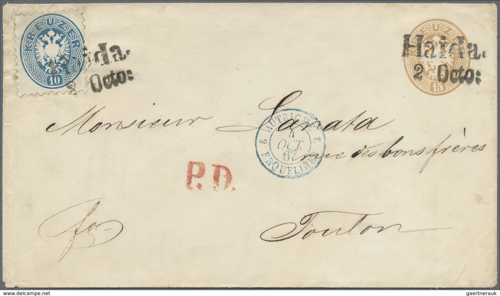 GA Österreich - Ganzsachen: 1863, Ovalausgabe GA-Umschlag 15 Kr. Braun Mit WZ Und Zusatzfrankatur 10 Kr - Autres & Non Classés