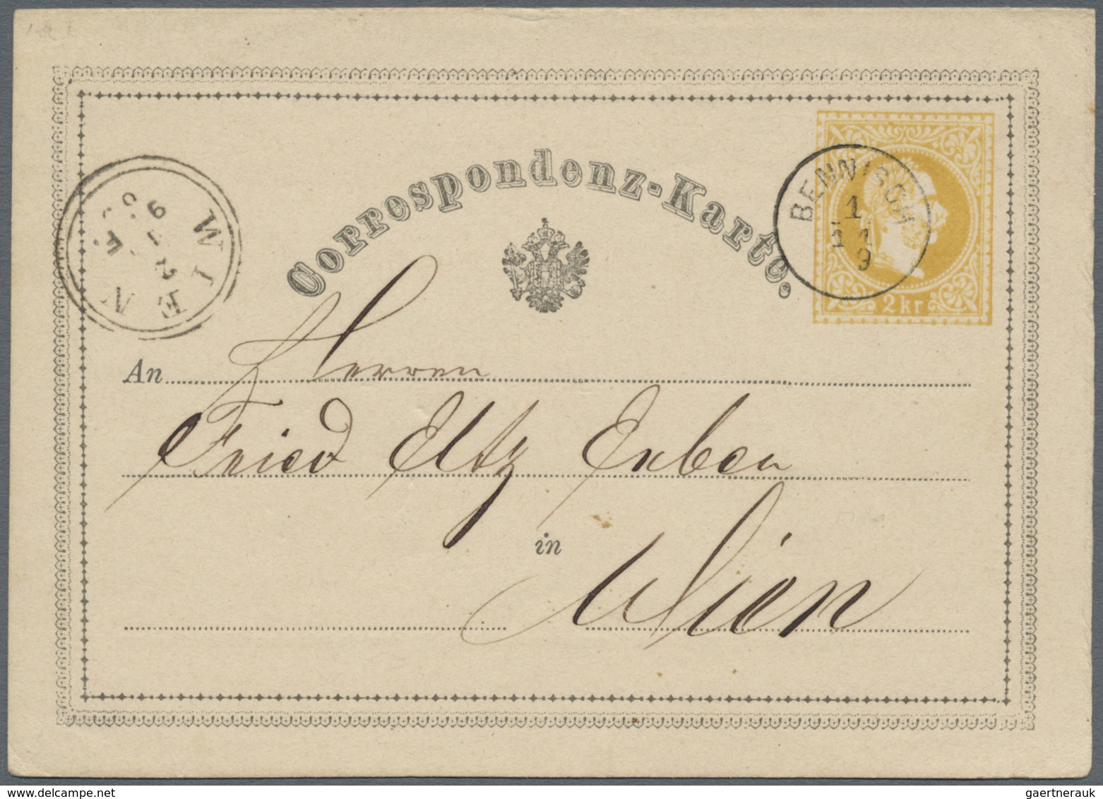 GA Österreich - Ganzsachen: 1869 (1.11.), Correspondenz-Karte 2 Kr. Gelb Mit Fingerhutstempel Von BENNI - Autres & Non Classés