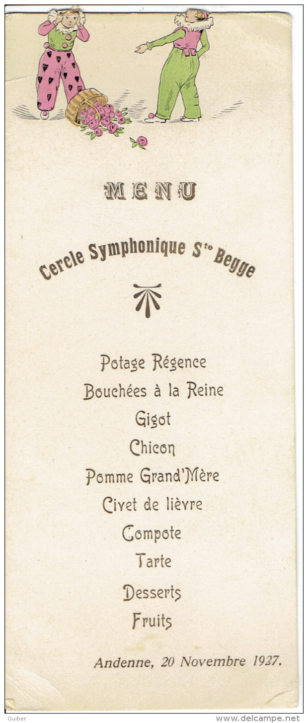 Menu Cercle Symphonique Sainte Begge Andenne 20 Novembre 1927 188X79mm - Menükarten