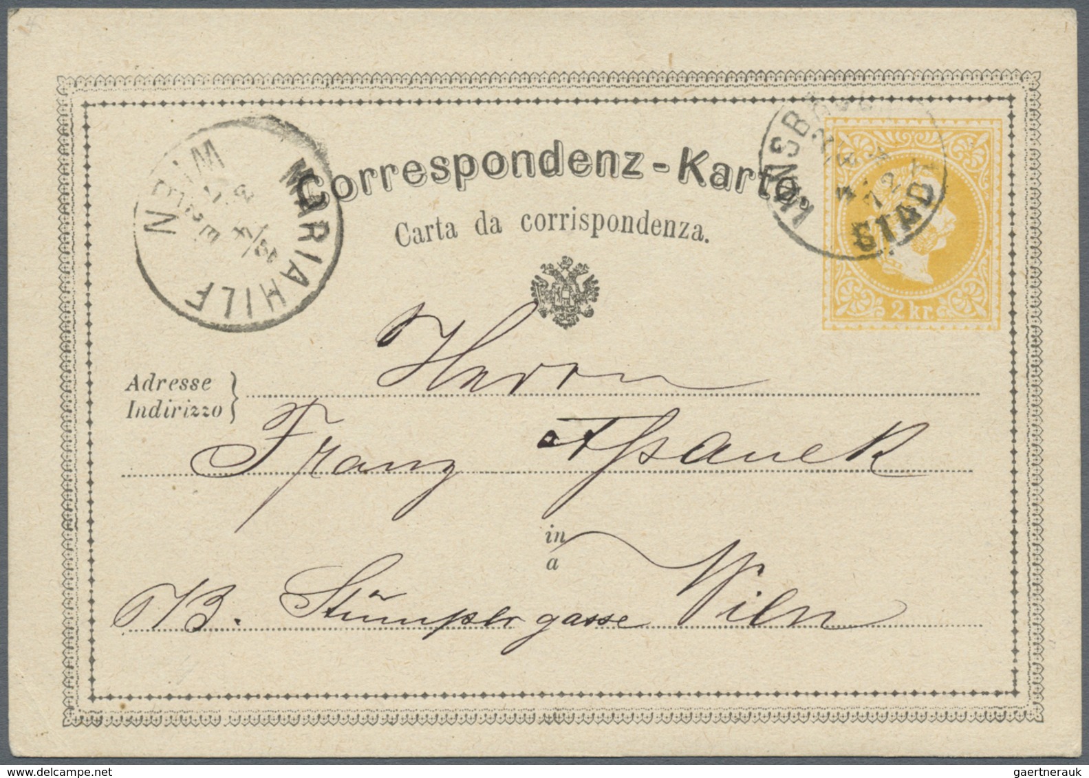 GA Österreich - Ganzsachen: 1870/1872, fünf Correspondenz-Karten 2 Kr. gelb in teils unterschiedl. Type