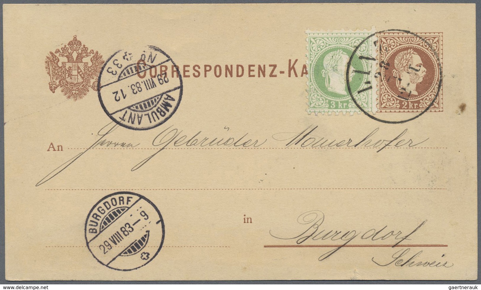 GA Österreich - Ganzsachen: 1877/1883, fünf Correspondenzkarten 2 Kr. braun (4 x deutsch, 1 x slowen.)