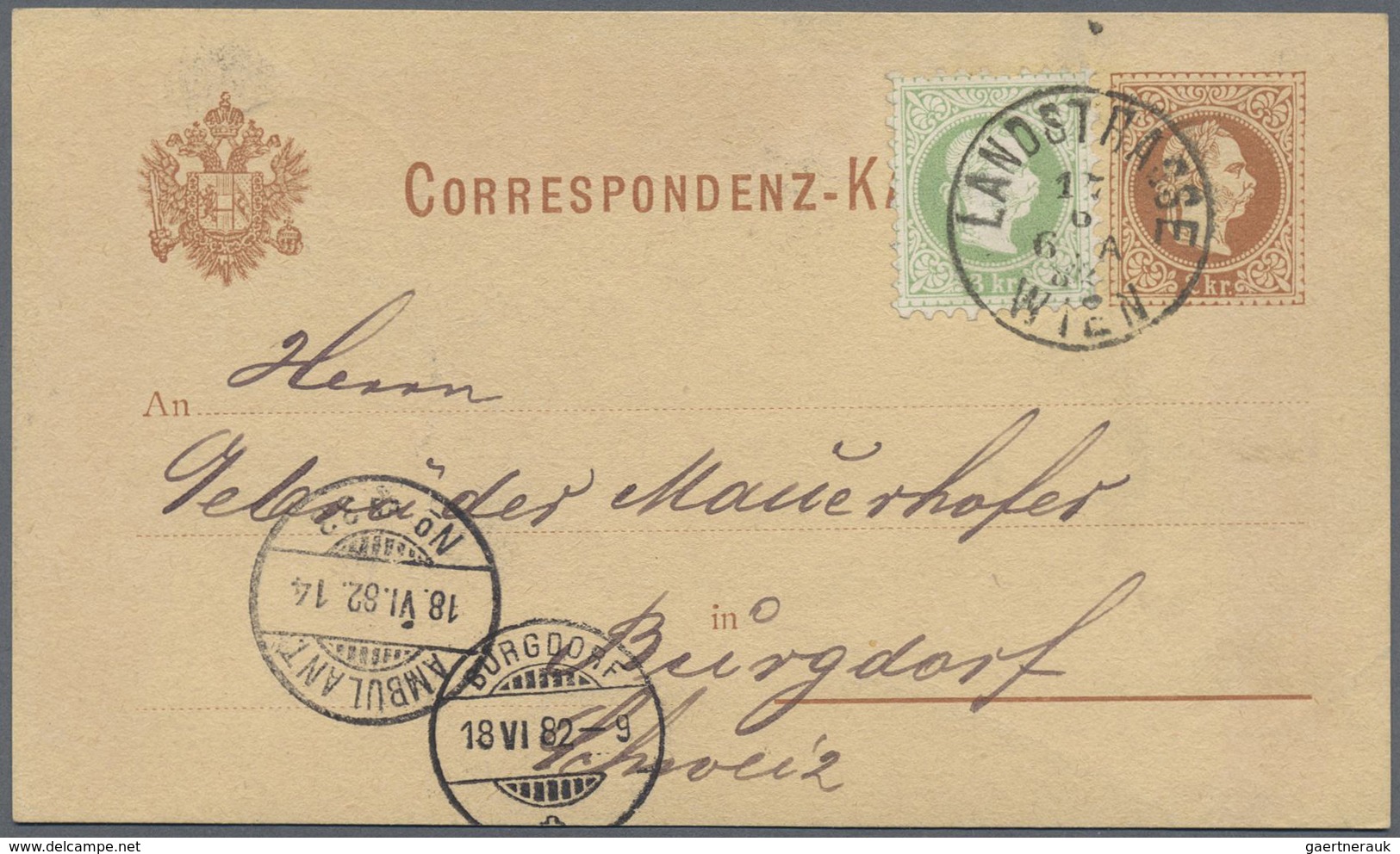 GA Österreich - Ganzsachen: 1877/1883, fünf Correspondenzkarten 2 Kr. braun (4 x deutsch, 1 x slowen.)