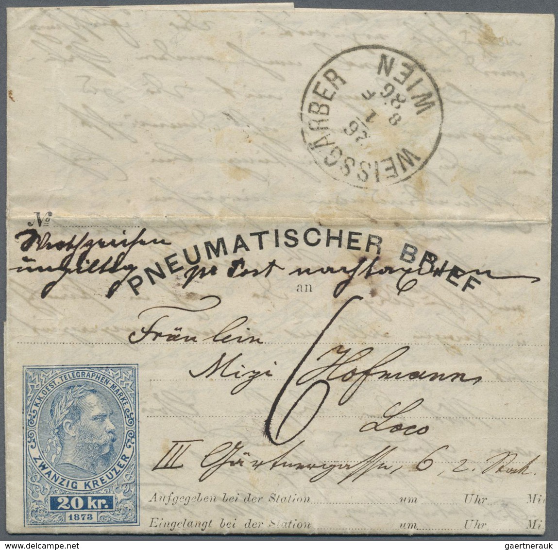 GA Österreich - Ganzsachen: 1886, "Pneumatischer Brief" In WIEN Frankiert Mit 20 Kr Blau Und Handschr. - Autres & Non Classés