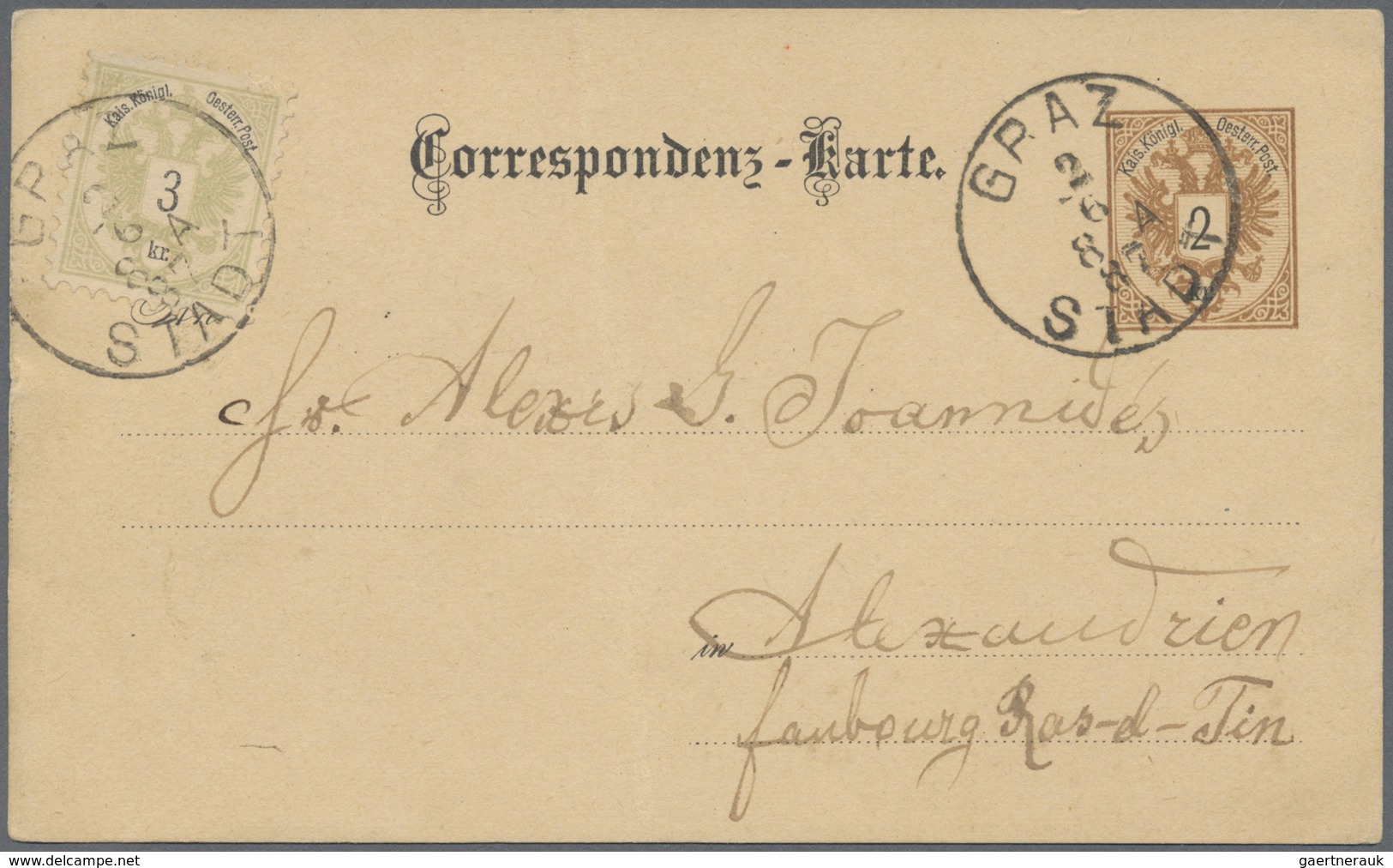 GA Österreich - Ganzsachen: 1887/1888, 5 Kr. Kartenbrief Mit Zusatzfrankatur Von UNG.HRADISCH Und 2 Kr. - Autres & Non Classés