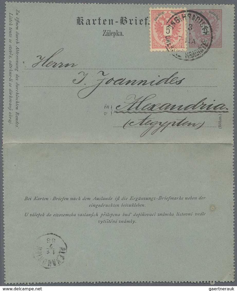 GA Österreich - Ganzsachen: 1887/1888, 5 Kr. Kartenbrief Mit Zusatzfrankatur Von UNG.HRADISCH Und 2 Kr. - Autres & Non Classés