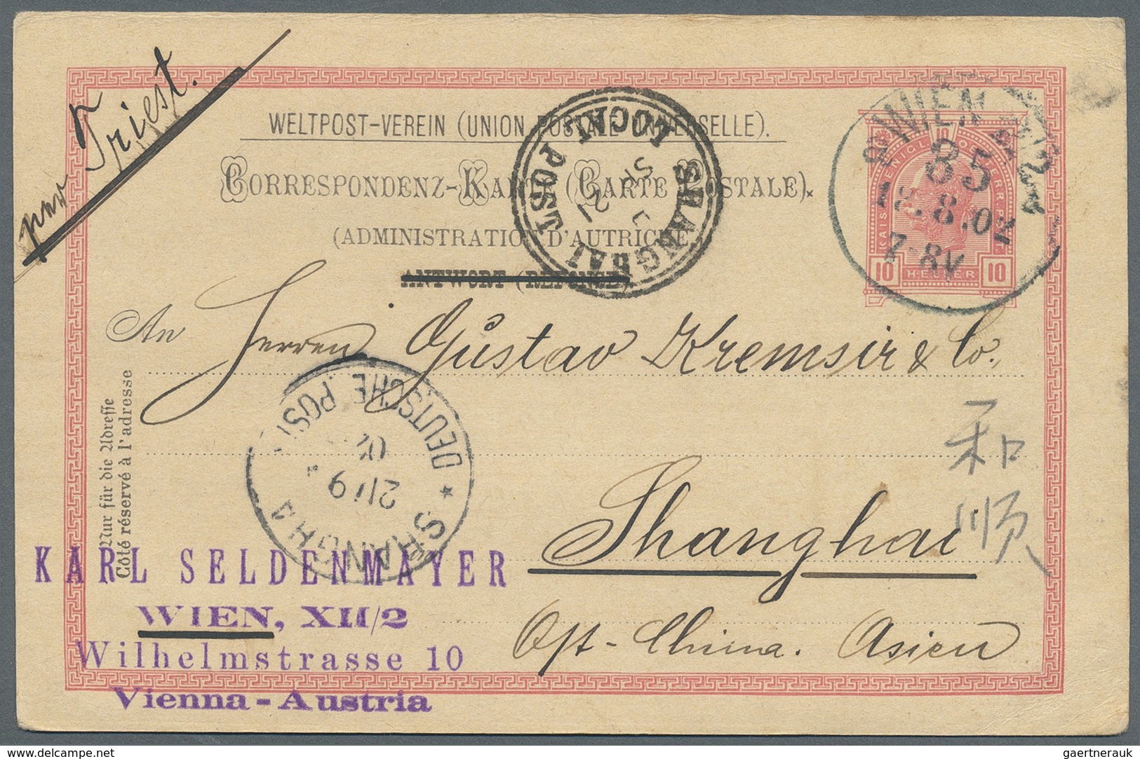 GA Österreich - Ganzsachen: 1902, GA-Postkarte 10 Heller Rosa Von Wien Nach Shanghai, Entwertet «WIEN 1 - Autres & Non Classés