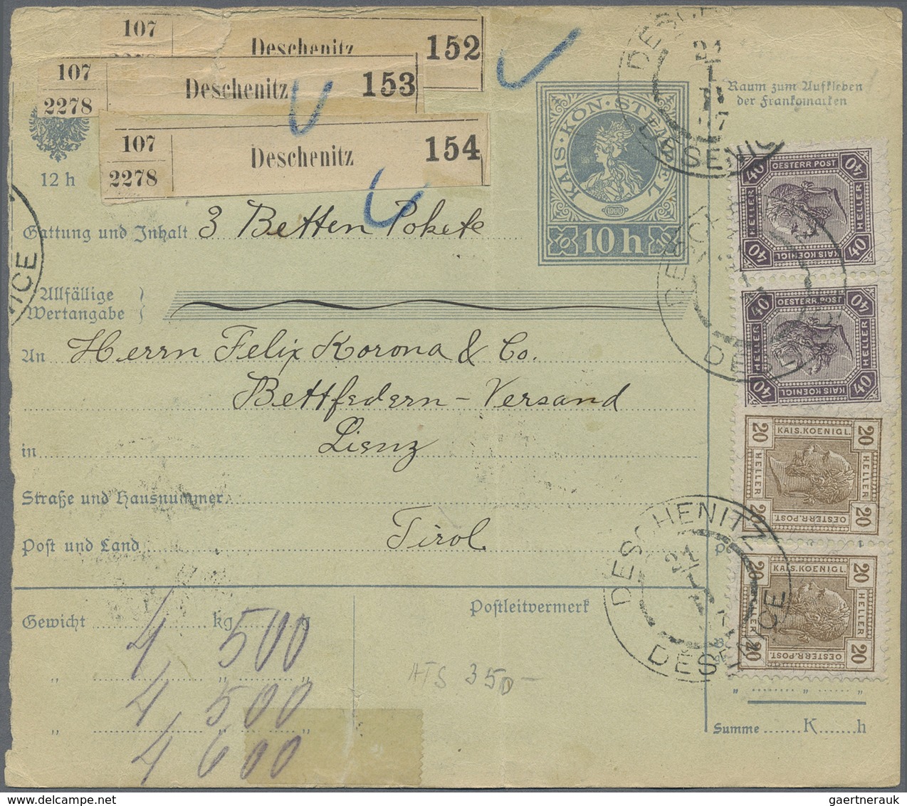 GA Österreich - Ganzsachen: 1907, 10 Heller Postbegleitadresse Für 3 Pakete Von Deschenitz Nach Lienz, - Andere & Zonder Classificatie