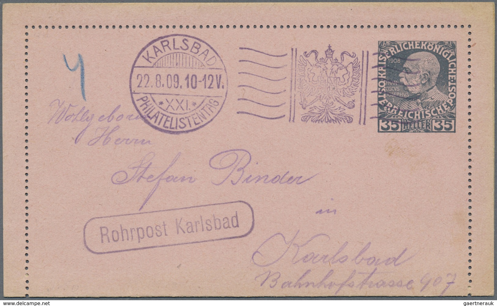 GA Österreich - Ganzsachen: 1908, 35 H Ultramarin Auf Rosa Rohrpostkartenbrief Mit SST KARLSBAD PHILATE - Autres & Non Classés