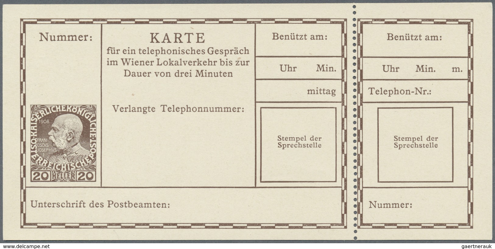 GA Österreich - Ganzsachen: 1908, Telefonkarte Kaiser Franz Joseph 20 H. Braun Auf Sämischem Karton ('. - Autres & Non Classés