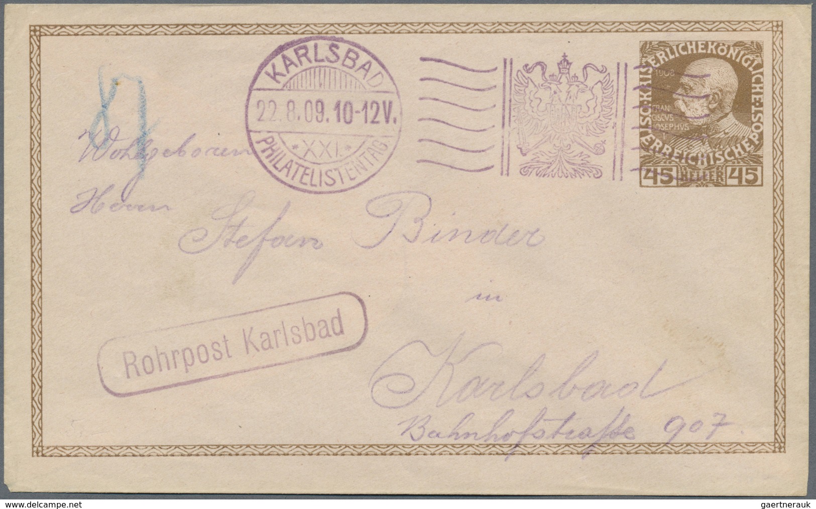 GA Österreich - Ganzsachen: 1908, 45 H Olivbraun Auf Rosa Rohrpostumschlag Mit SST KARLSBAD PHILATELIST - Autres & Non Classés