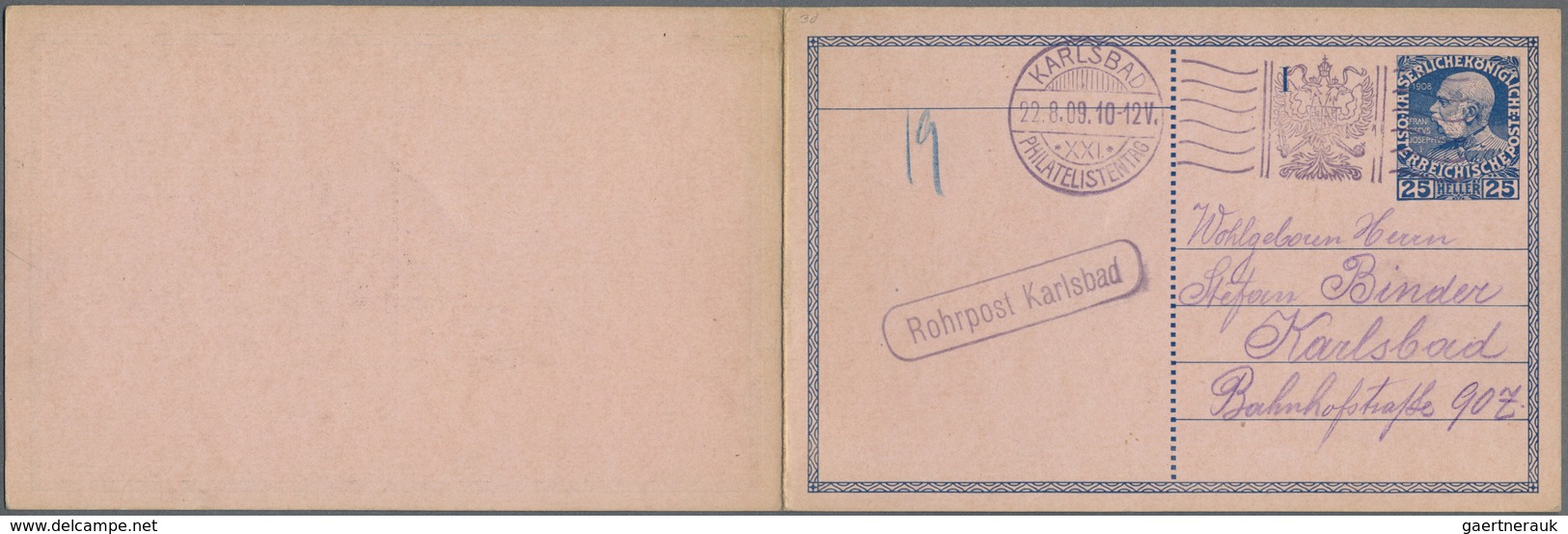 GA Österreich - Ganzsachen: 1908, 25 / 25 H Ultramarin Auf Rosa Rohrpostdoppelkarte Mit SST KARLSBAD PH - Andere & Zonder Classificatie