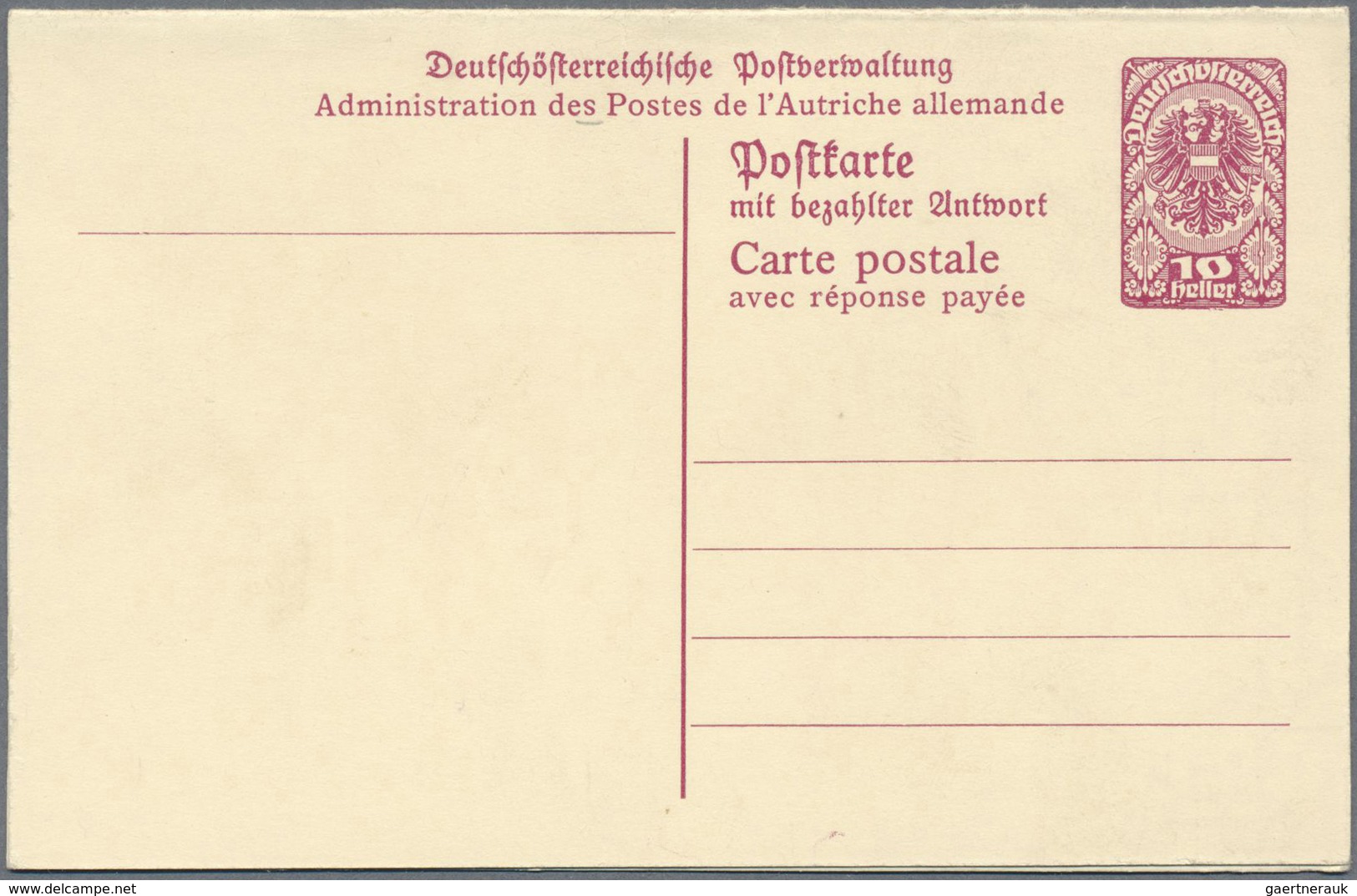 GA Österreich - Ganzsachen: 1919. NICHT-VERAUSGABTE Doppelkarte 10H+10H Bräunlichlila Deutsch-Österreic - Andere & Zonder Classificatie