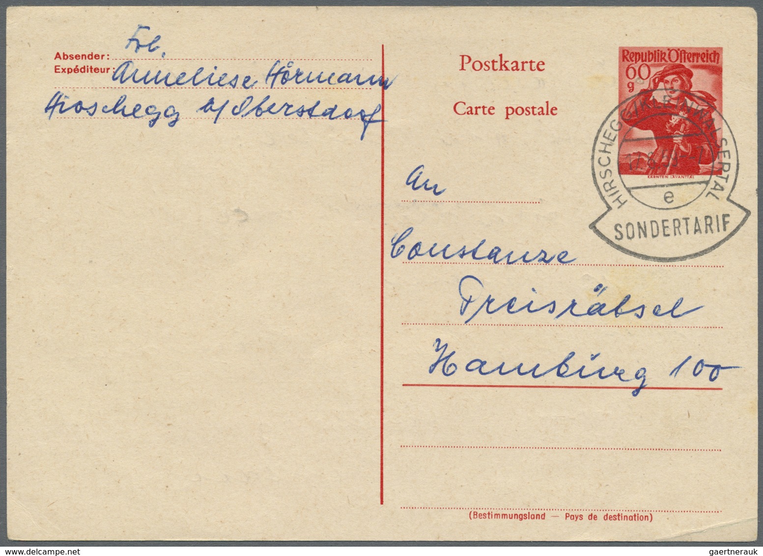 GA Österreich - Ganzsachen: 1959 (17.6.), Postkarte Trachten 60 Gr. Von HIRSCHEGG/KLEINWALSERTAL (Sonde - Autres & Non Classés