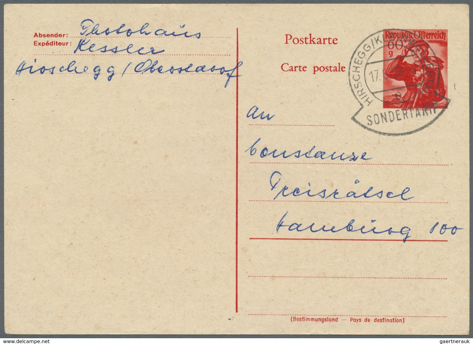 GA Österreich - Ganzsachen: 1959 (17.6.), Postkarte Trachten 60 Gr. Von HIRSCHEGG/KLEINWALSERTAL (Sonde - Andere & Zonder Classificatie