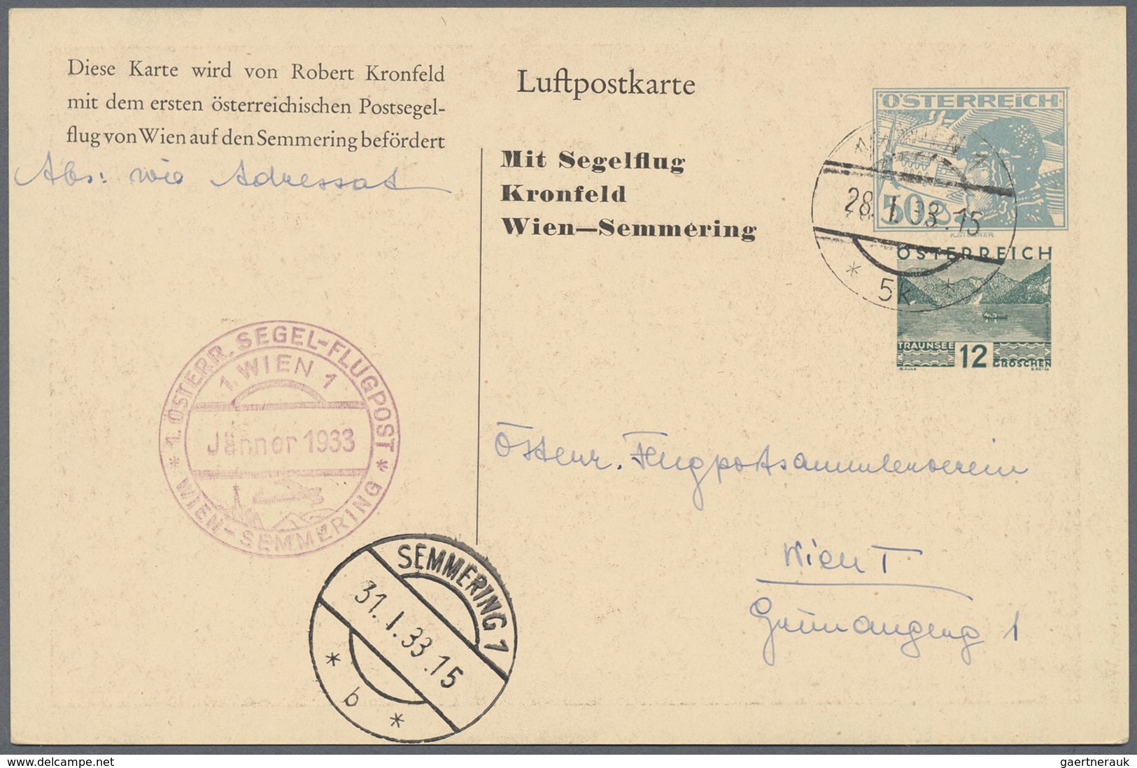 GA Österreich - Privatganzsachen: 1933 (28.1.), Zwei Sonderpostkarten Zum Segelflug Kronfelds Jeweils M - Autres & Non Classés