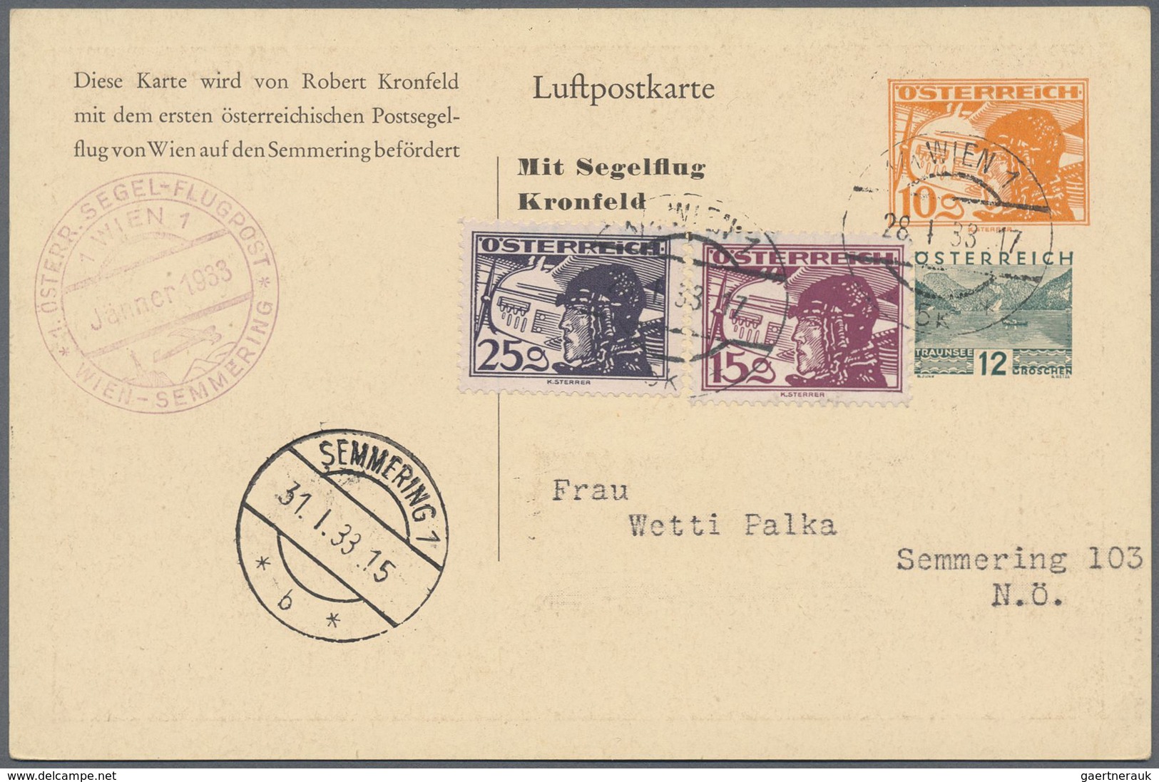 GA Österreich - Privatganzsachen: 1933 (28.1.), Zwei Sonderpostkarten Zum Segelflug Kronfelds Jeweils M - Autres & Non Classés