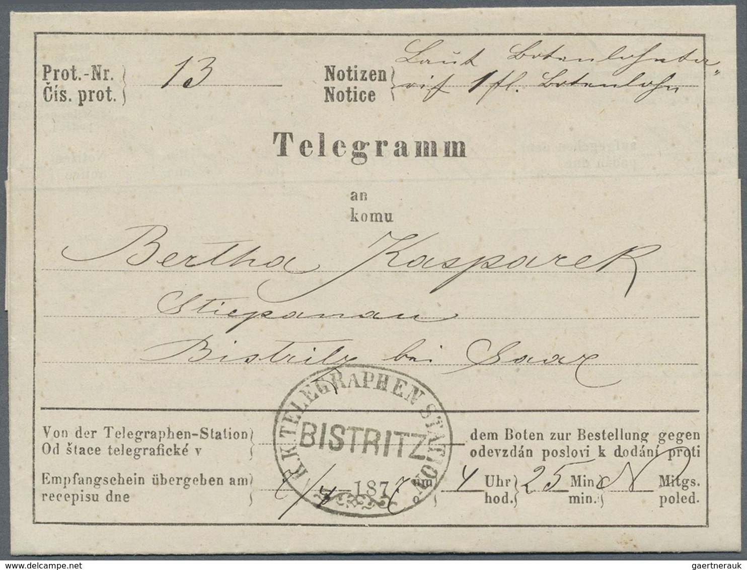 Br Österreich - Besonderheiten: 1877, BOTENLOHN: 2 Telegramme Aus Iglau Nach Bistritz (Ovalstempel) Und - Autres & Non Classés