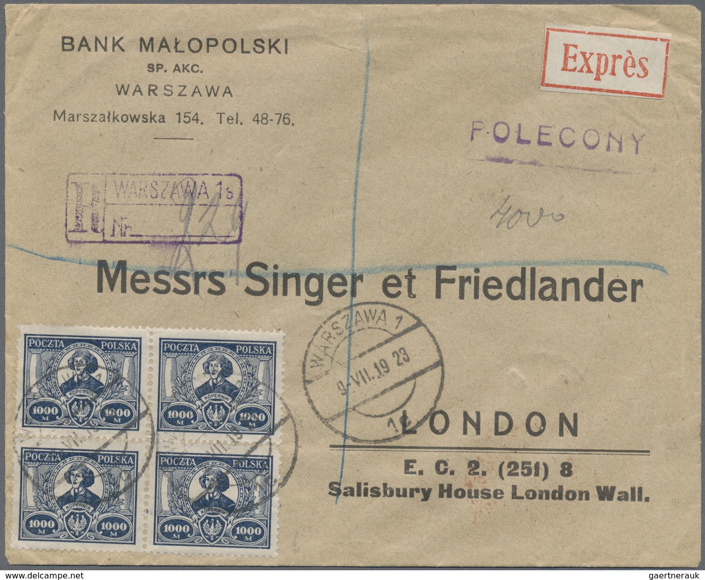 Br/ Polen: 1923, Registered Express Letter With 1000 M Kopernikus In Block Of Four Sent From WARSZAWA To - Brieven En Documenten