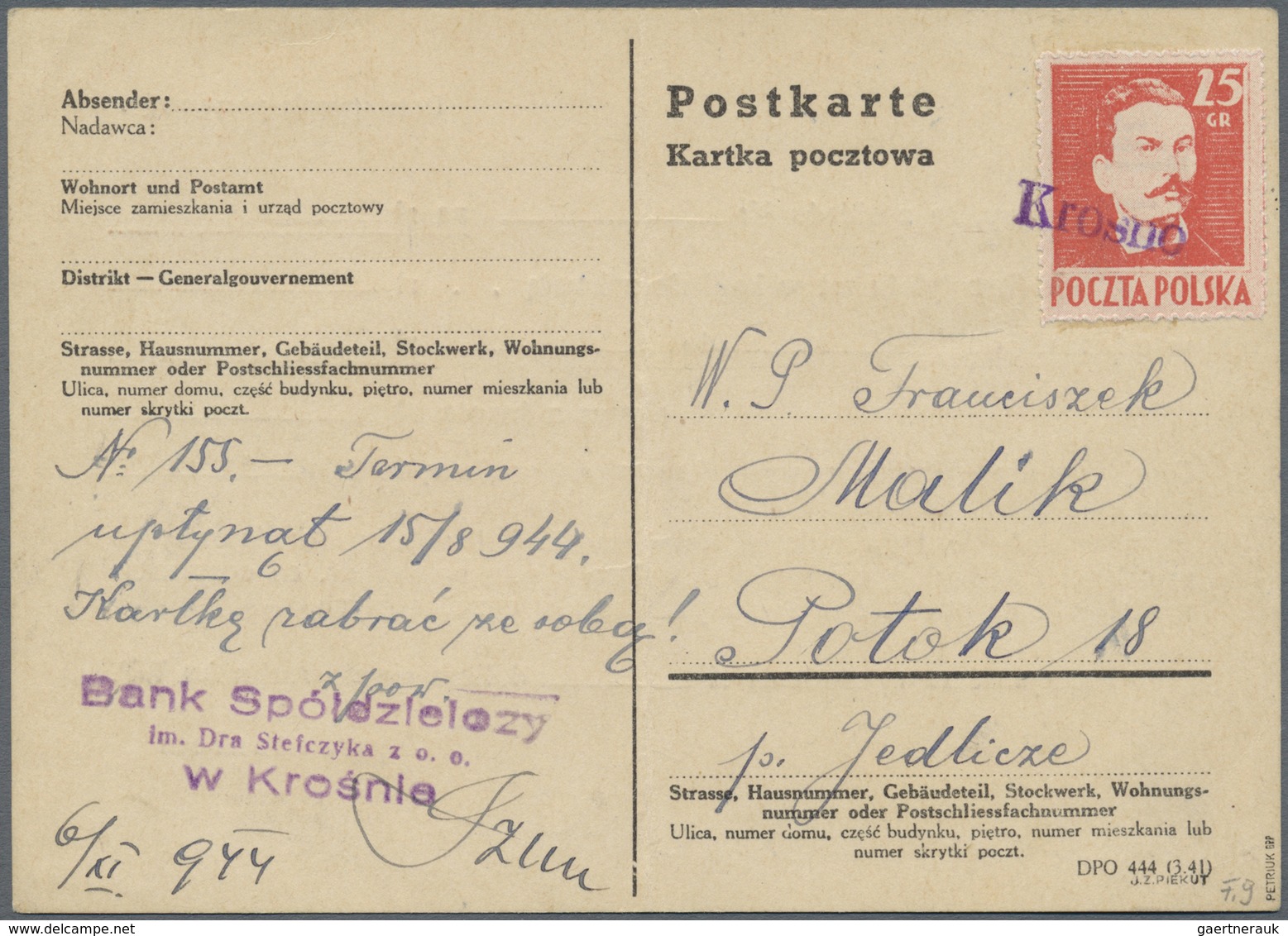 Br Polen: 1944, 25gr. Red "Wodzowie", Single Franking At Correct Rate On Commercial Card (German Form F - Lettres & Documents