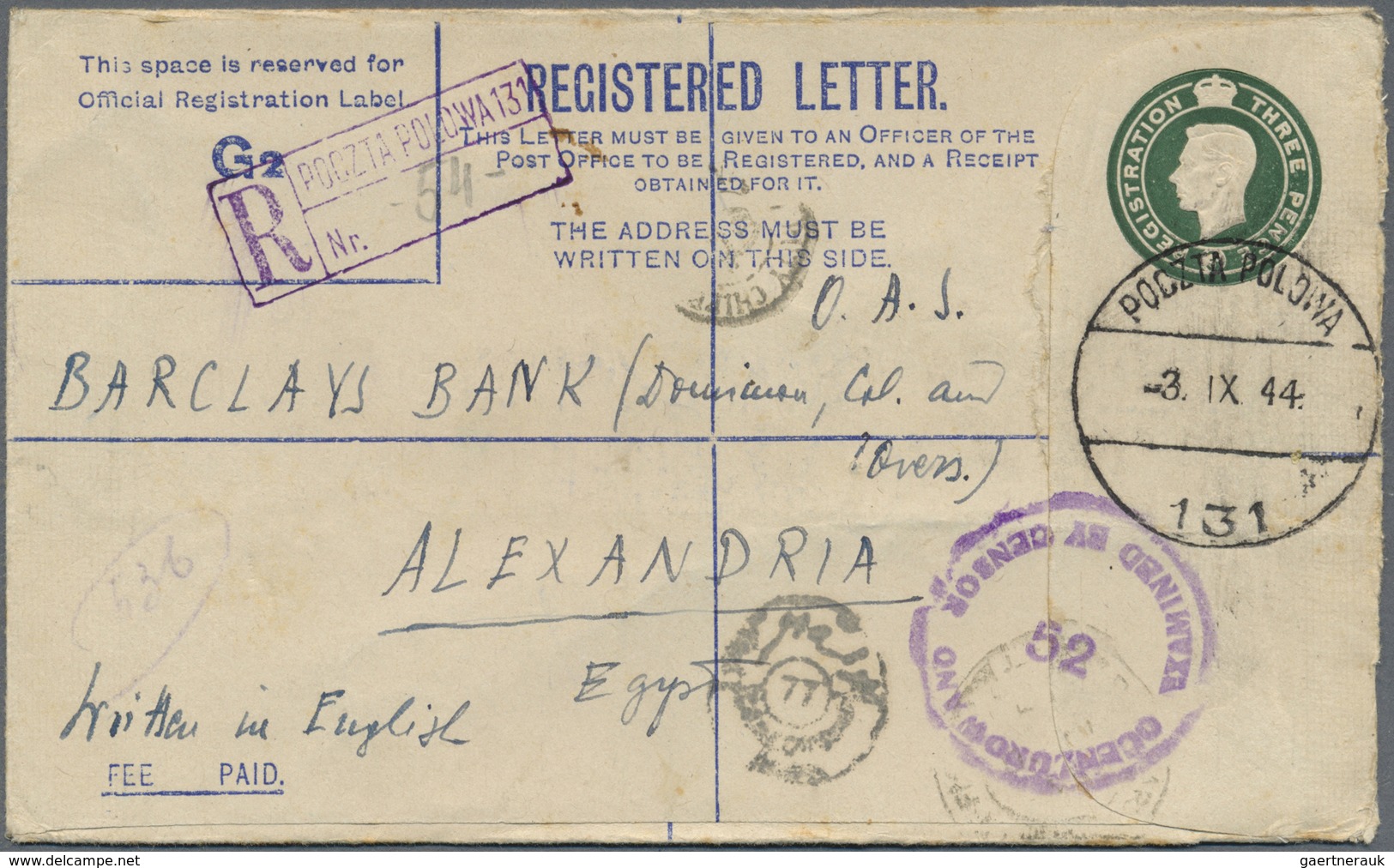 GA Polen: 1944. Registered Great Britain Postal Stationery Envelope 3d Green Addressed To Egypt Cancell - Lettres & Documents