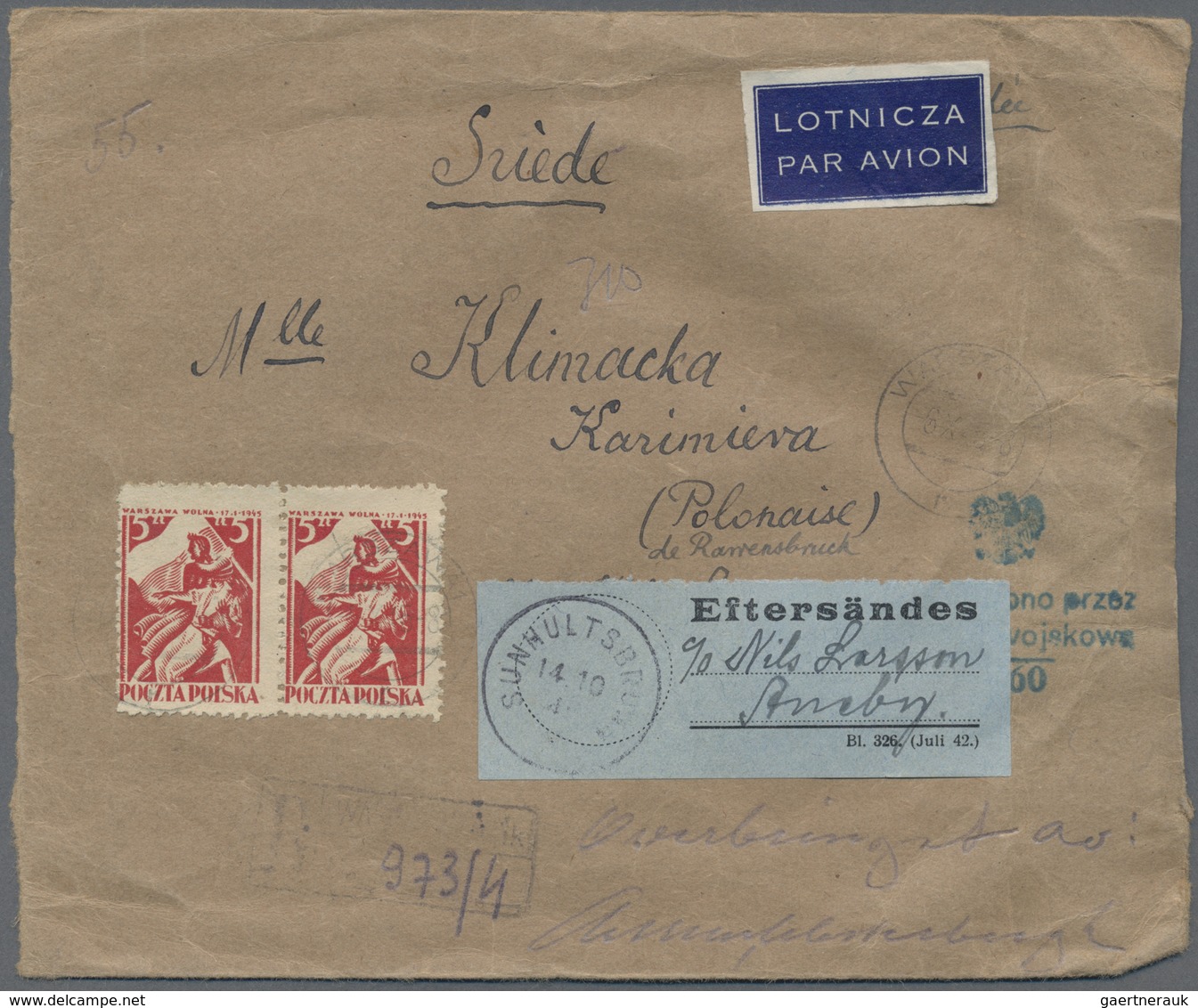 Br Polen: 1945, 5 Zl Liberation, Horizotal Pair On Registered Letter To Sweden With Polish Censor On Fr - Brieven En Documenten