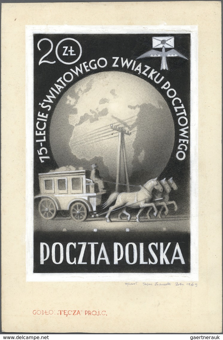 Polen: 1949. Set Of 3 Artist's Drawings For Non-adopted Designs For The Issue UPU 75th ANNIVERSARY S - Lettres & Documents