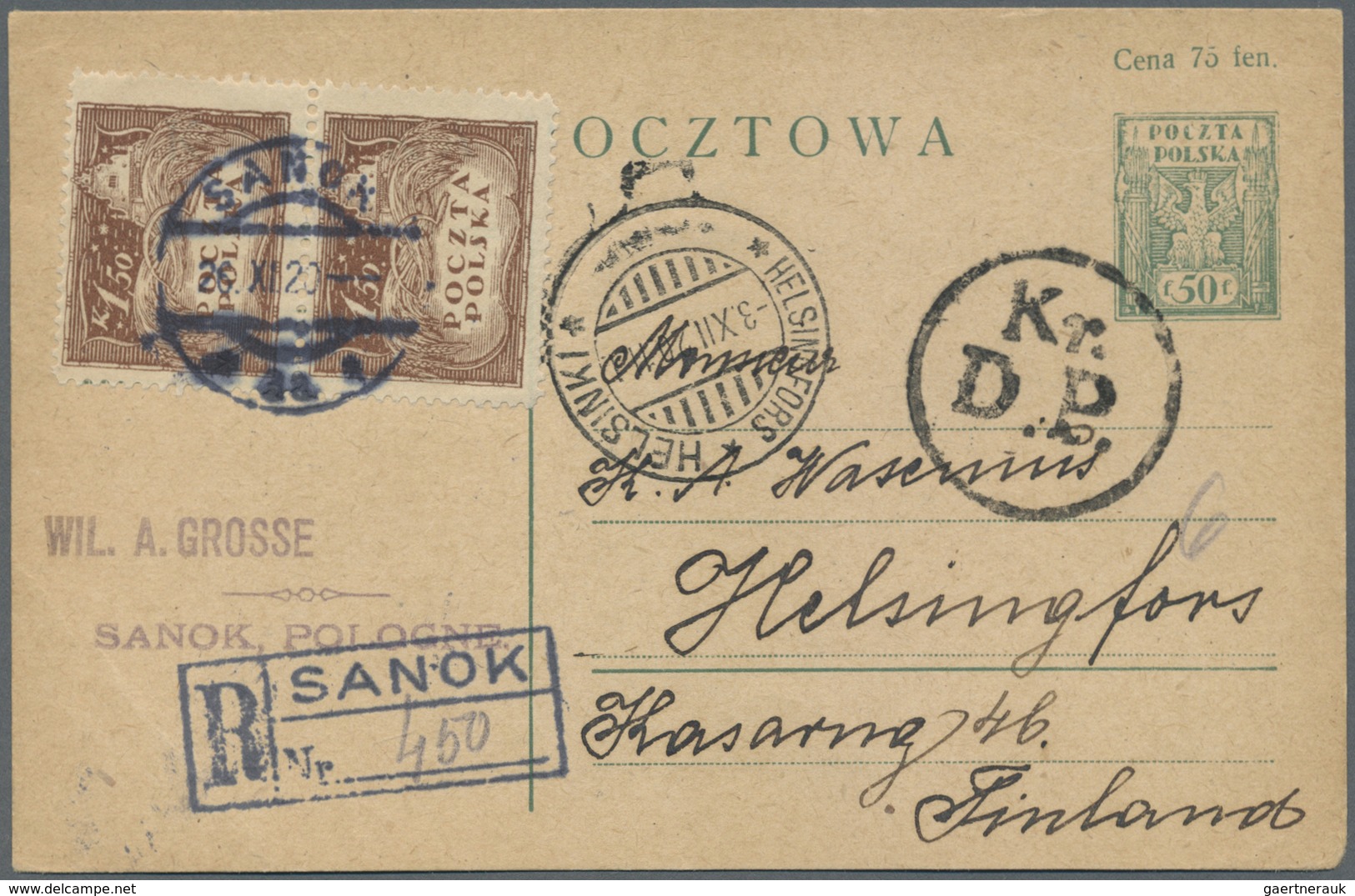 GA Polen - Ganzsachen: 1920, 50 (75) F. Postal Stationery Card With Additional Franking Vertical Pair 1 - Postwaardestukken