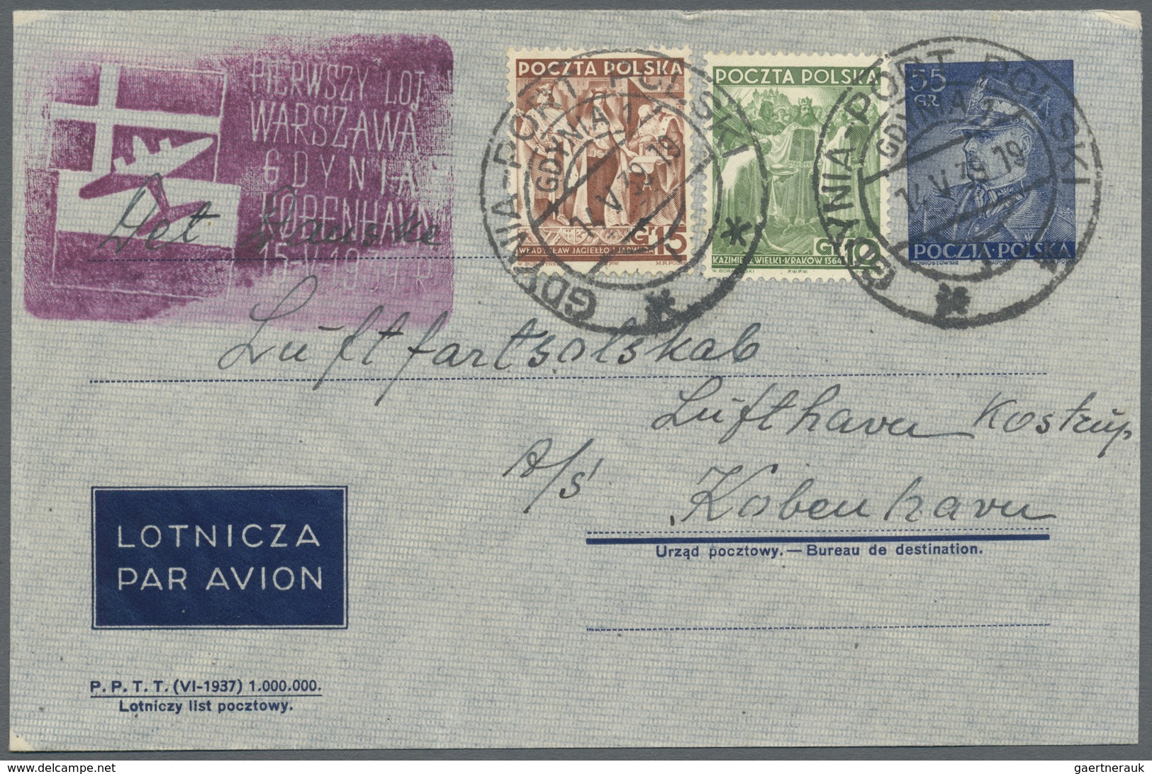 GA Polen - Ganzsachen: 1939, Uprated 55 Gr. Airmail Stat. Envelope Sent By First Flight From GDYNIA-POR - Postwaardestukken