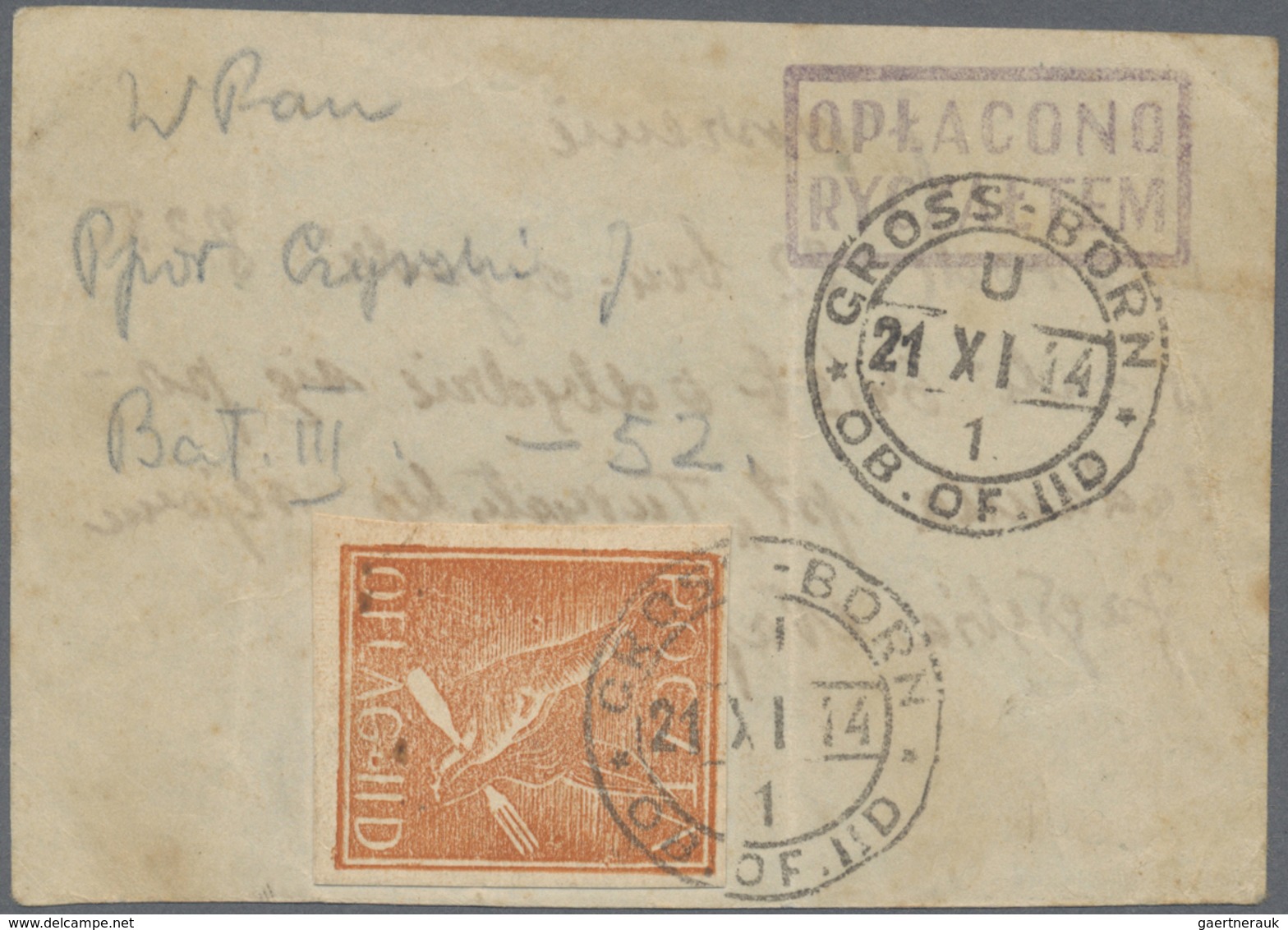 Br/GA Polen - Lagerpost: Gross-Born: 1944, Fuchsaufkleber Orangebraun Mit Stempel "GROSS BORN 21.XI." Auf - Autres & Non Classés