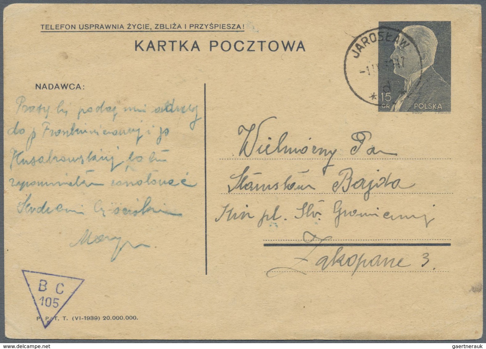 GA Polen - Besonderheiten: 1939, "B C 105", Censor Mark Clear On Postal Stationery Card From "JAROSLAW - Autres & Non Classés