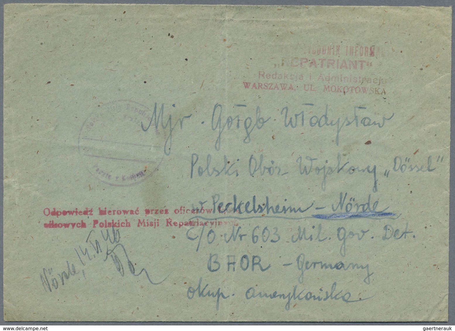 Br Polen - Besonderheiten: 1946, Cover Sent From Lodz, Obviously Via Warszawa To Polish Camp Peckelshei - Andere & Zonder Classificatie