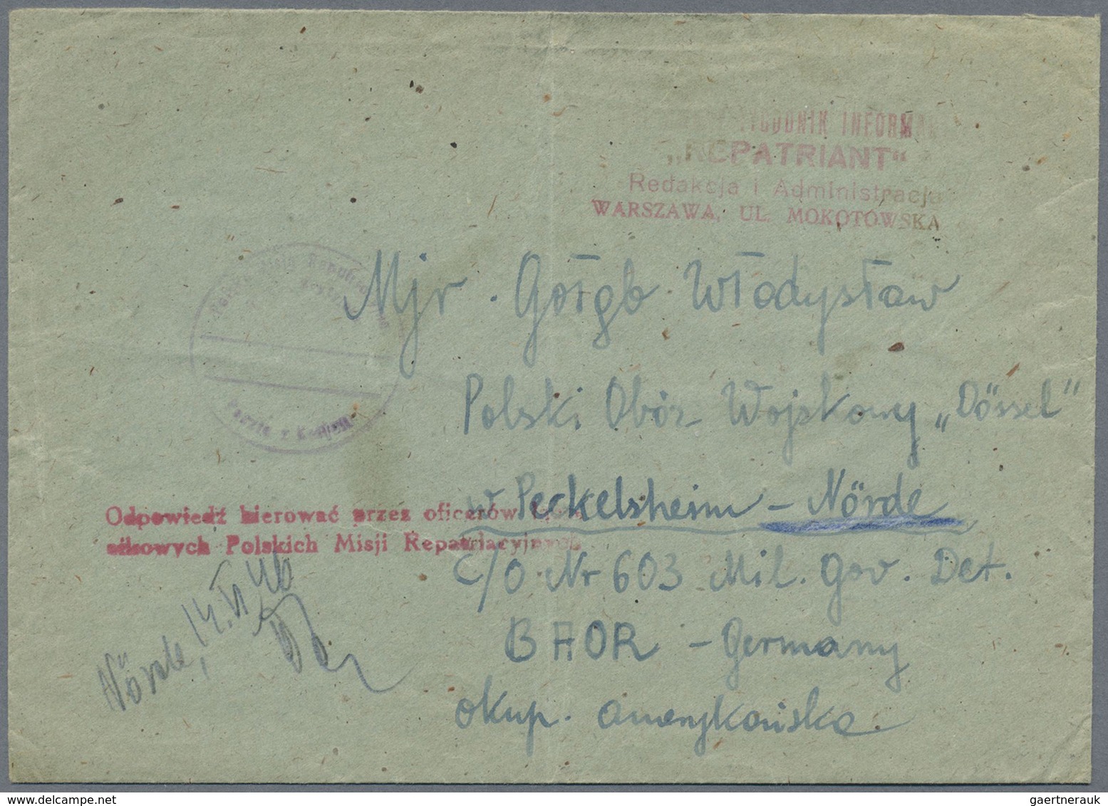 Br Polen - Besonderheiten: 1946, Cover Sent From Lodz, Obviously Via Warszawa To Polish Camp Peckelshei - Autres & Non Classés
