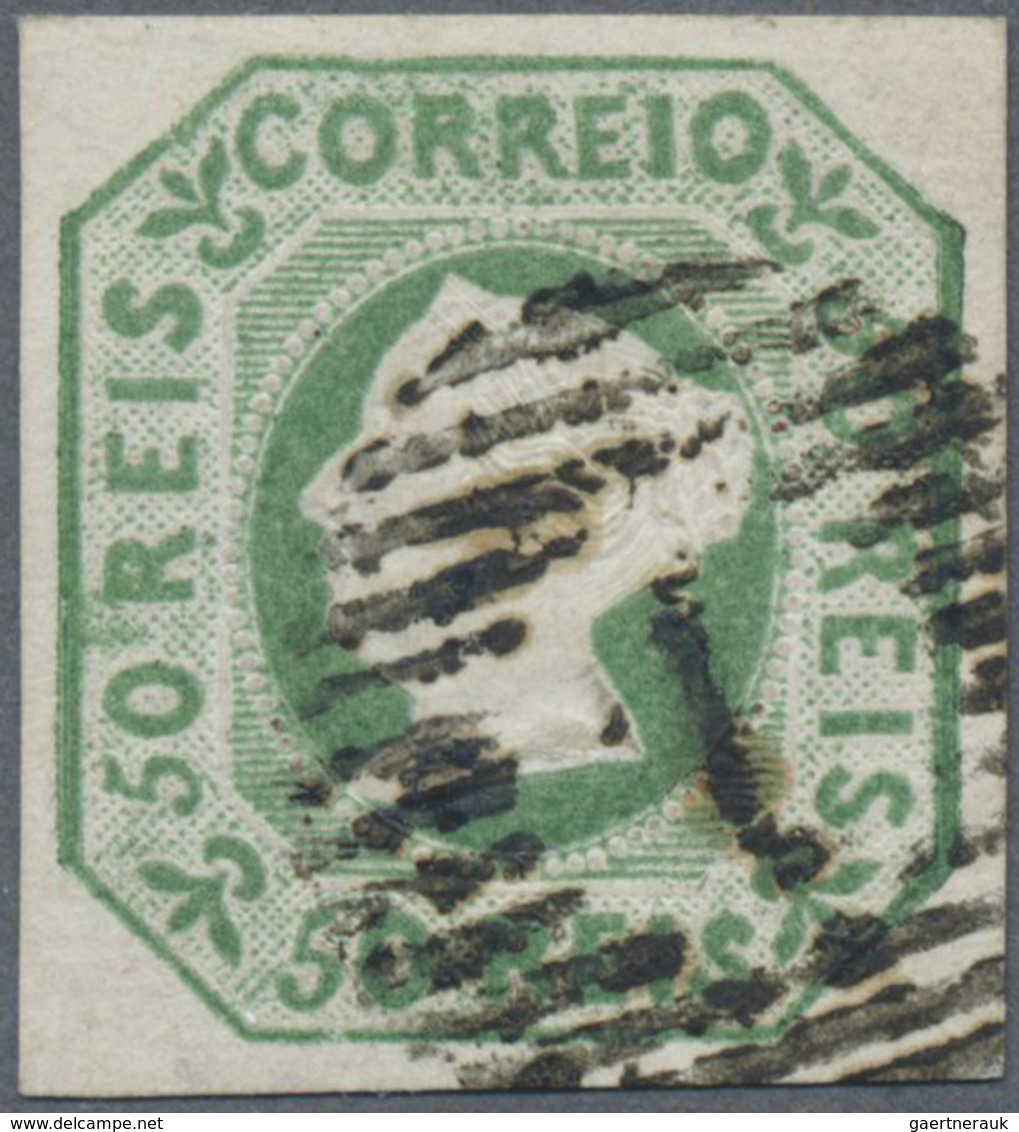 O Portugal: 1853, Queen Maria II. 50 R. Green, Good To Wide Margin All Around, Used With Numeral "1", - Storia Postale