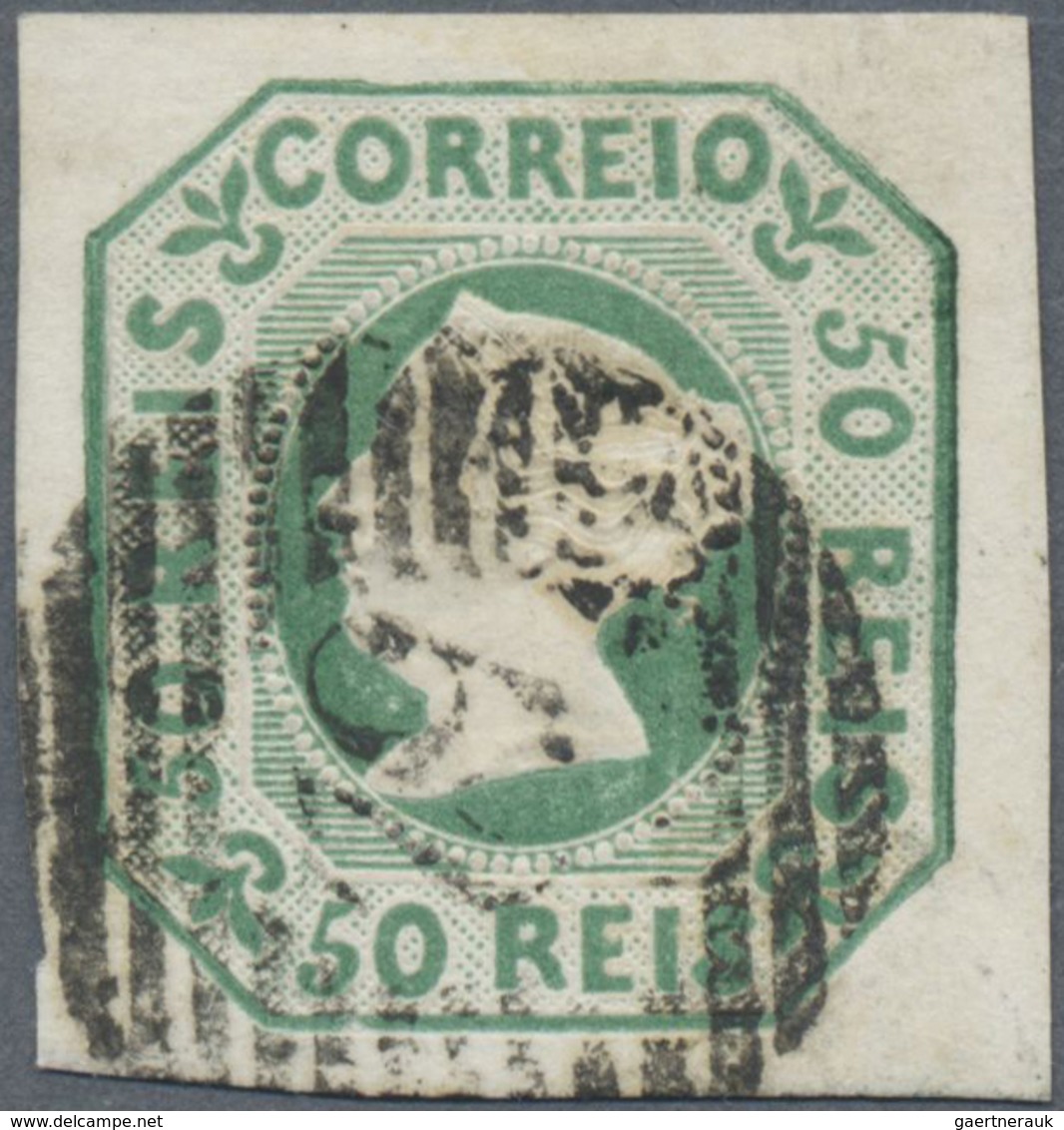 O Portugal: 1853, Queen Maria II. 50 R. Blue Green, Good To Wide Margin All Around, Used With Numeral, - Lettres & Documents