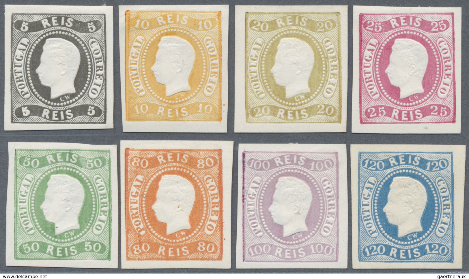 (*) Portugal: 1866, Luis I. "Fita Curva", 5r. To 120r., 1905 Reprints, Complete Set Of Eight Values. - Lettres & Documents
