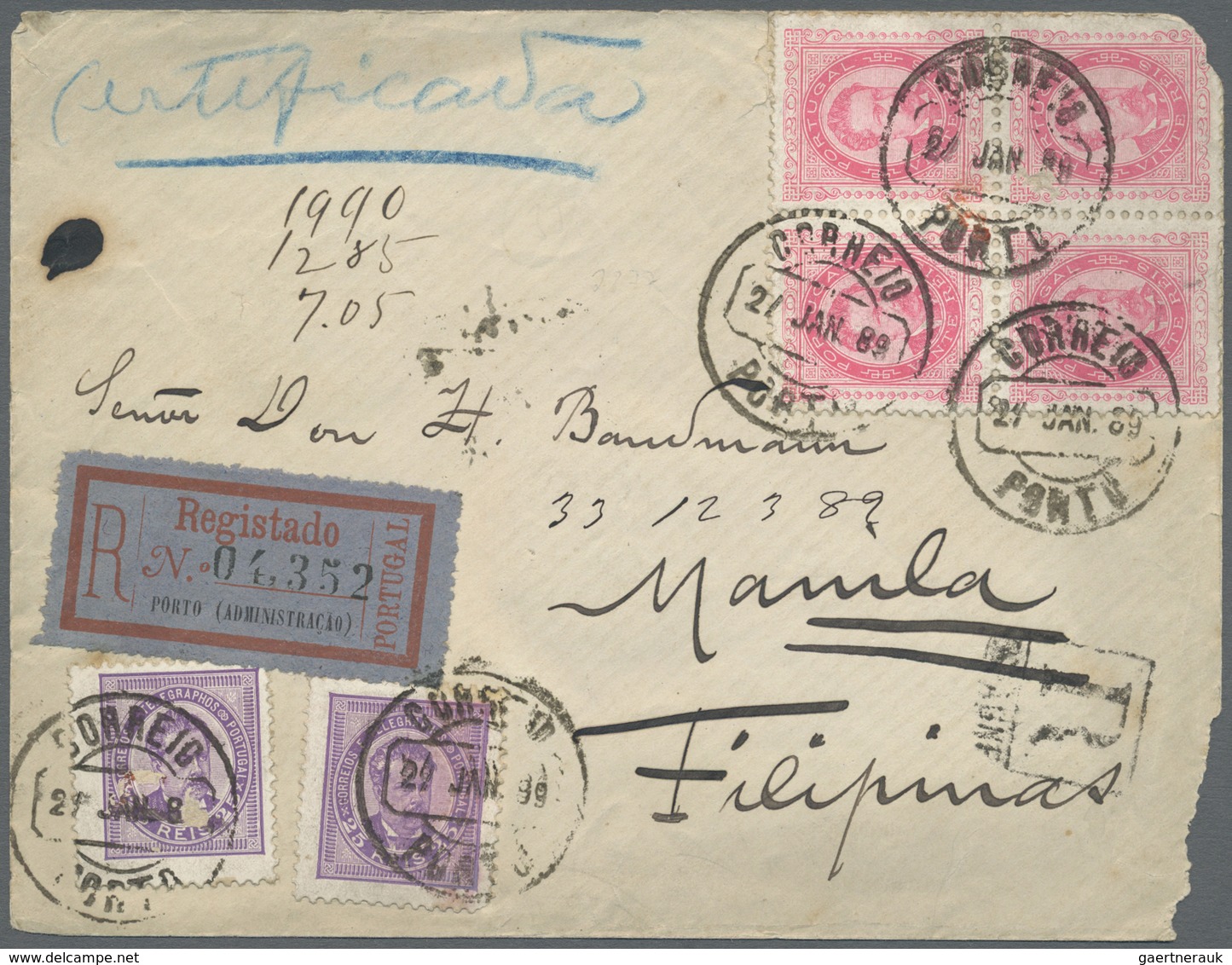 Br Portugal: 1889, Registered Cover (faults) From PORTO To Manila, Philippinen Franked With 20 R. King - Covers & Documents