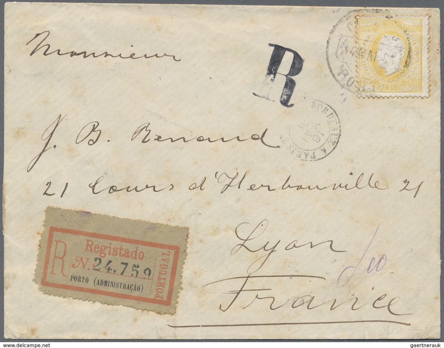 Br Portugal: 1891. Registered Envelope (stains And Tears) Addressed To France Bearing Yvert 47, 150r Ye - Lettres & Documents