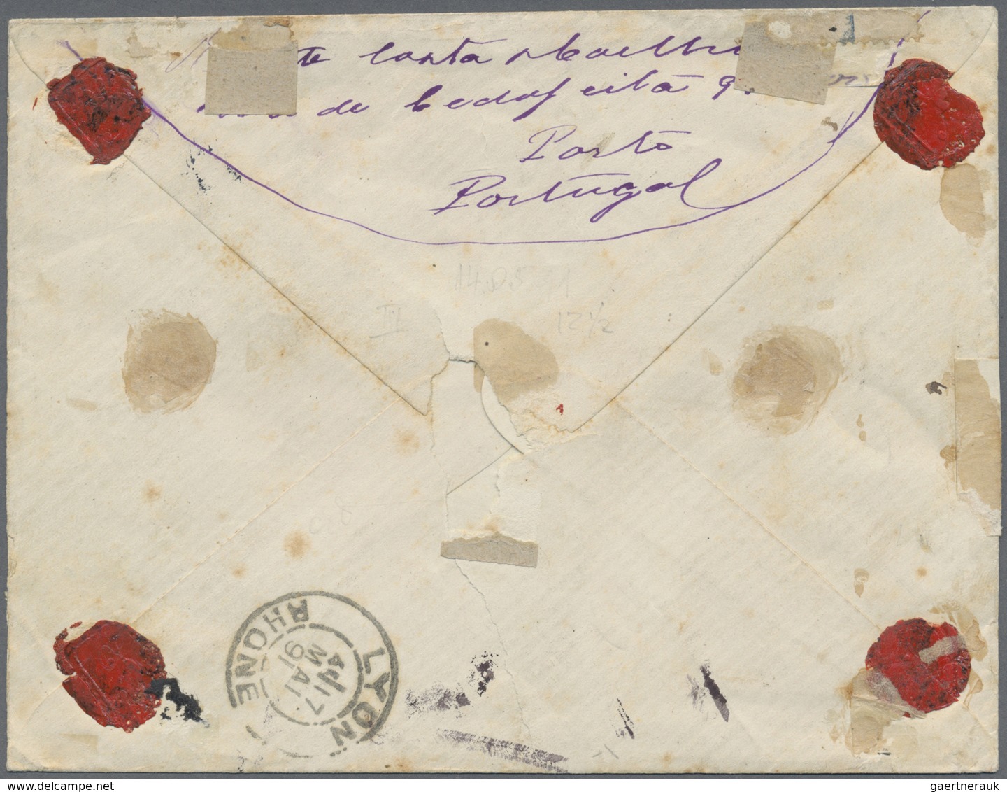 Br Portugal: 1891. Registered Envelope (stains And Tears) Addressed To France Bearing Yvert 47, 150r Ye - Brieven En Documenten