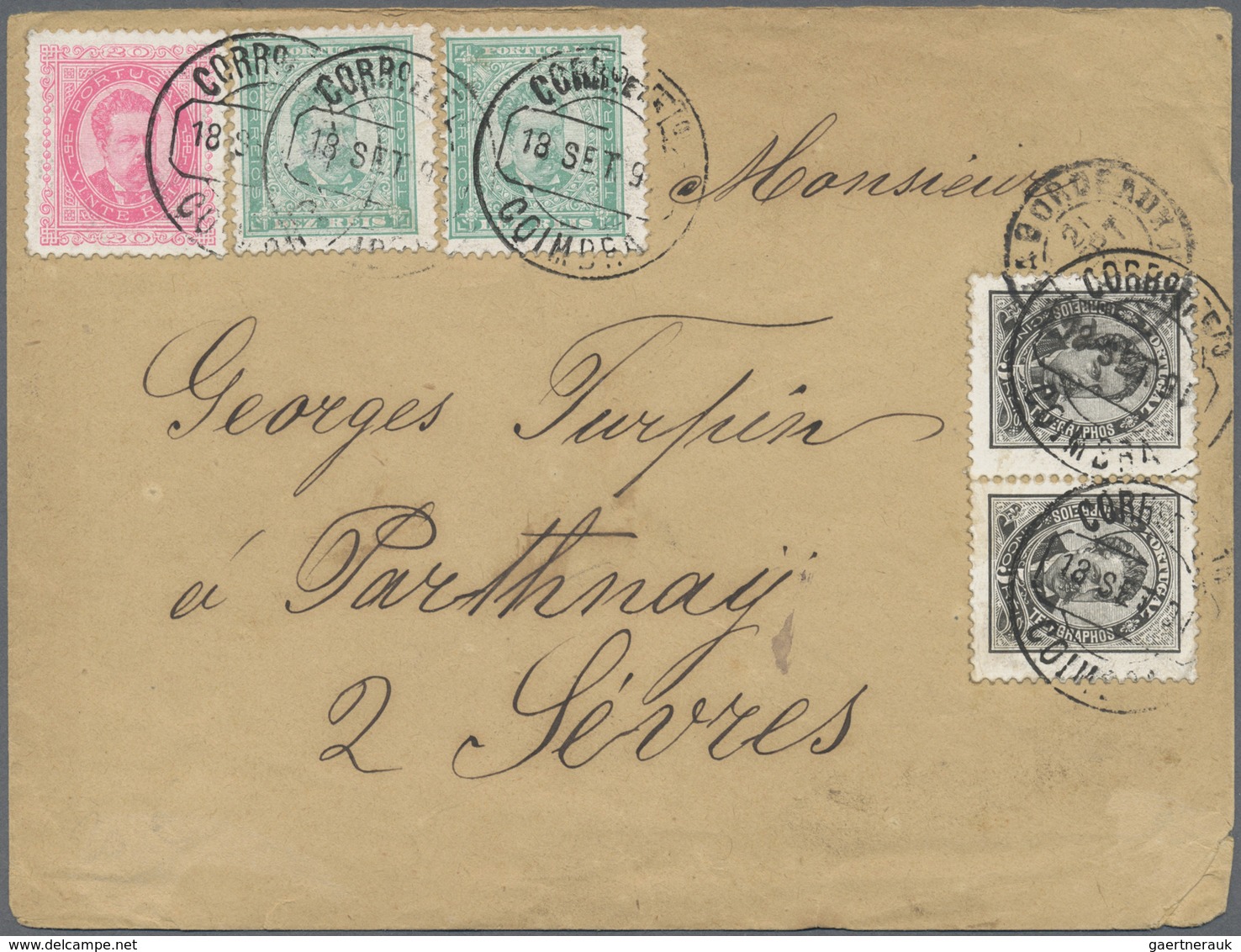 Br Portugal: 1891. Envelope (stains) To France Bearing Yvert 56, 5r Black (pair), Yvert 57, 10r Green ( - Brieven En Documenten