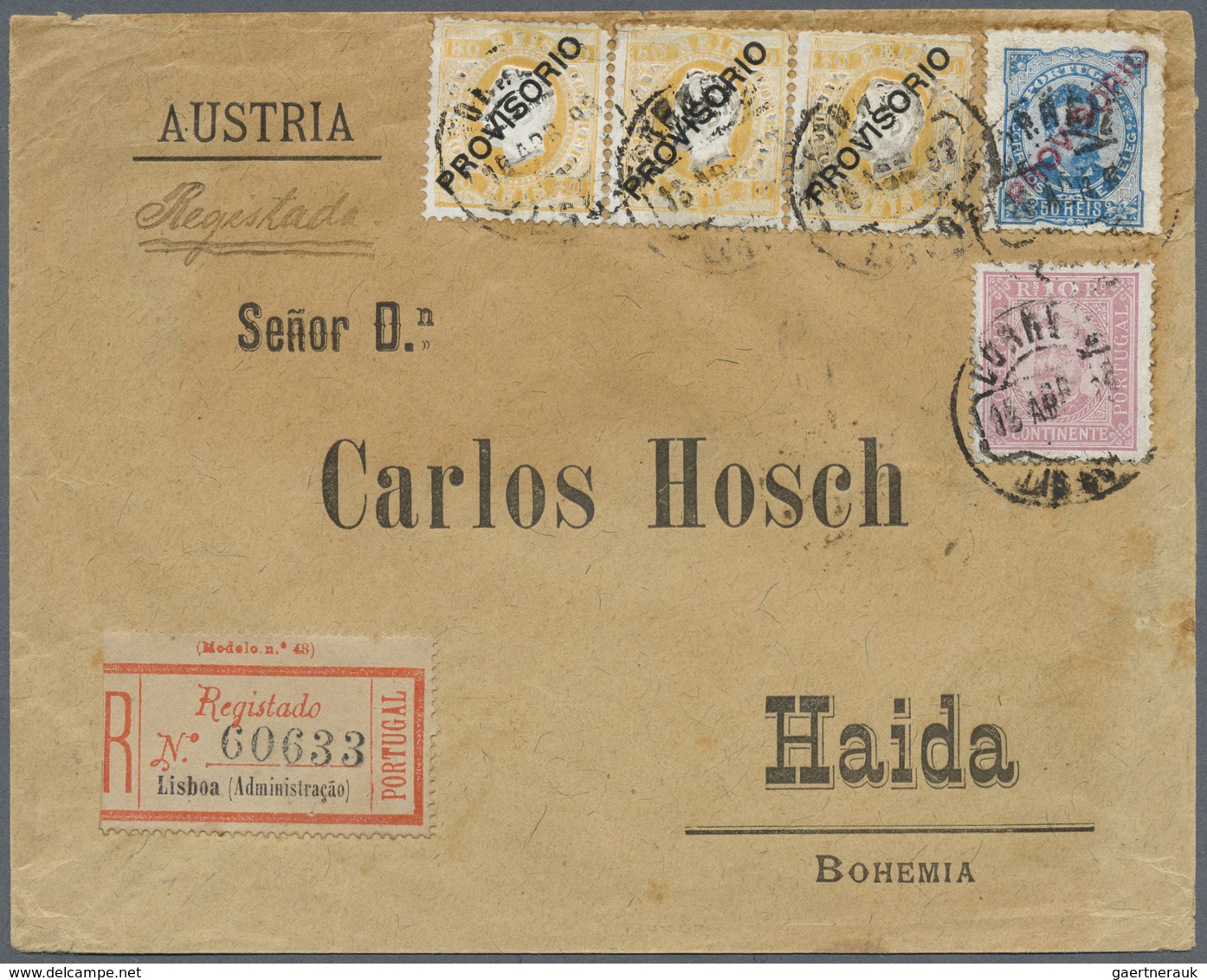 Br Portugal: 1893 (15.4.), Registered Cover Bearing King Luis 80r. Yellow Horiz. Strip Of Three + King - Lettres & Documents