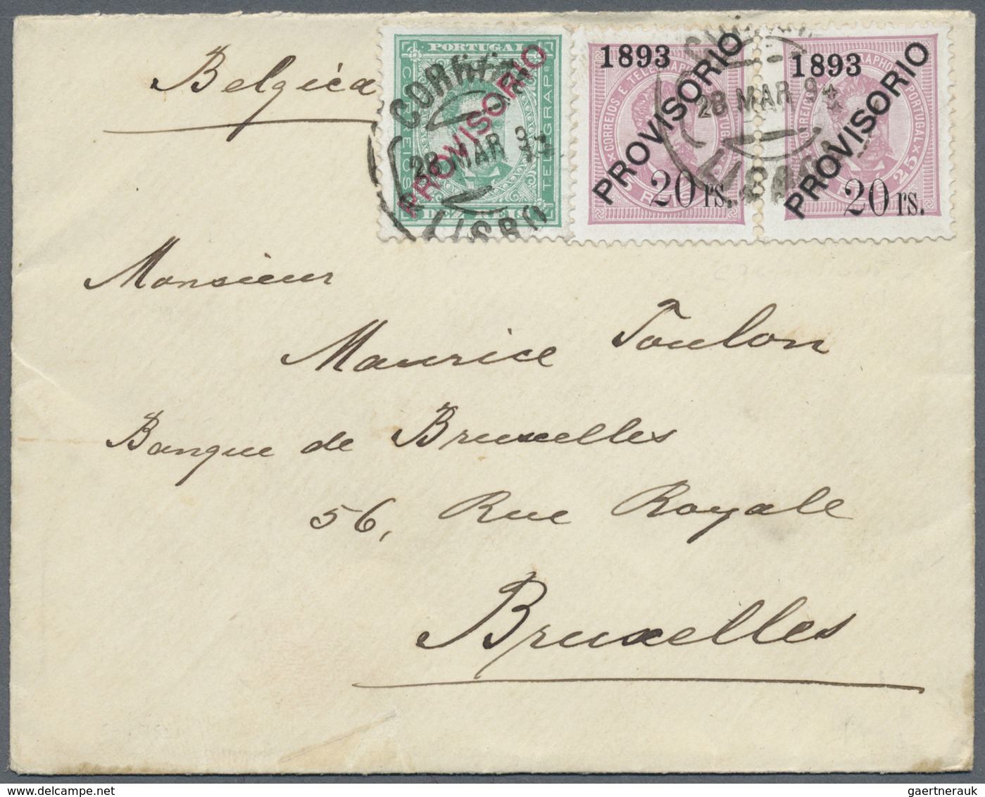 Br Portugal: 1894 (28.3.), King Luis 10r. Green Optd. PROVISORIO And Horiz. Pair 25r. Lilac With Same O - Brieven En Documenten